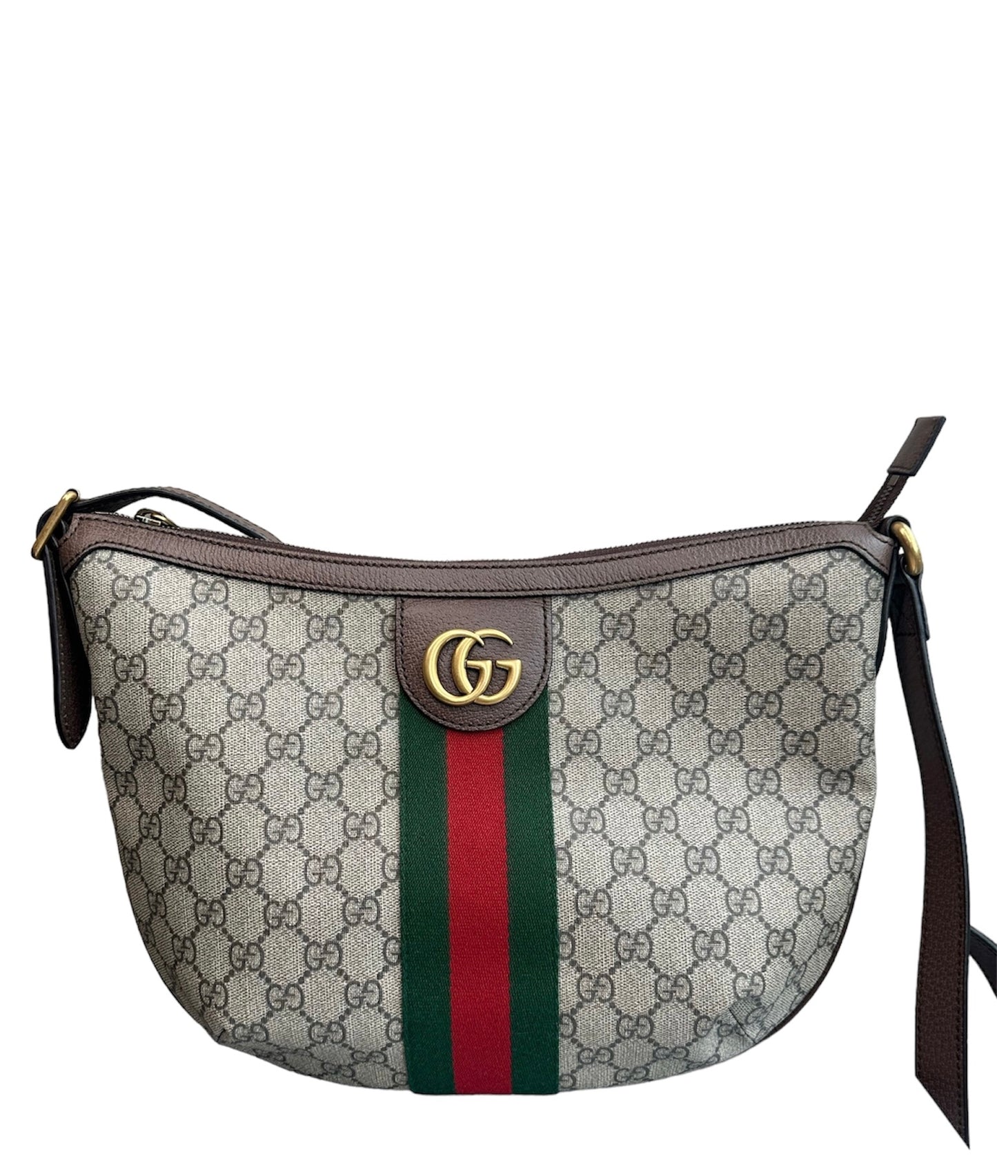 Gray Gucci Small GG Supreme Web Ophidia Half Moon Crossbody Bag