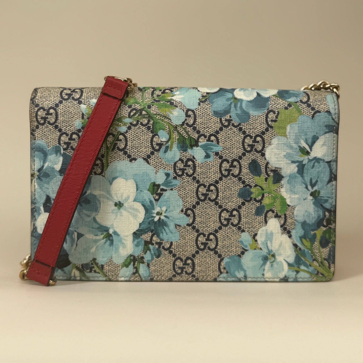 Cartera de cadena GG Supreme Monogram Blooms, bolso de hombro azul, USADO