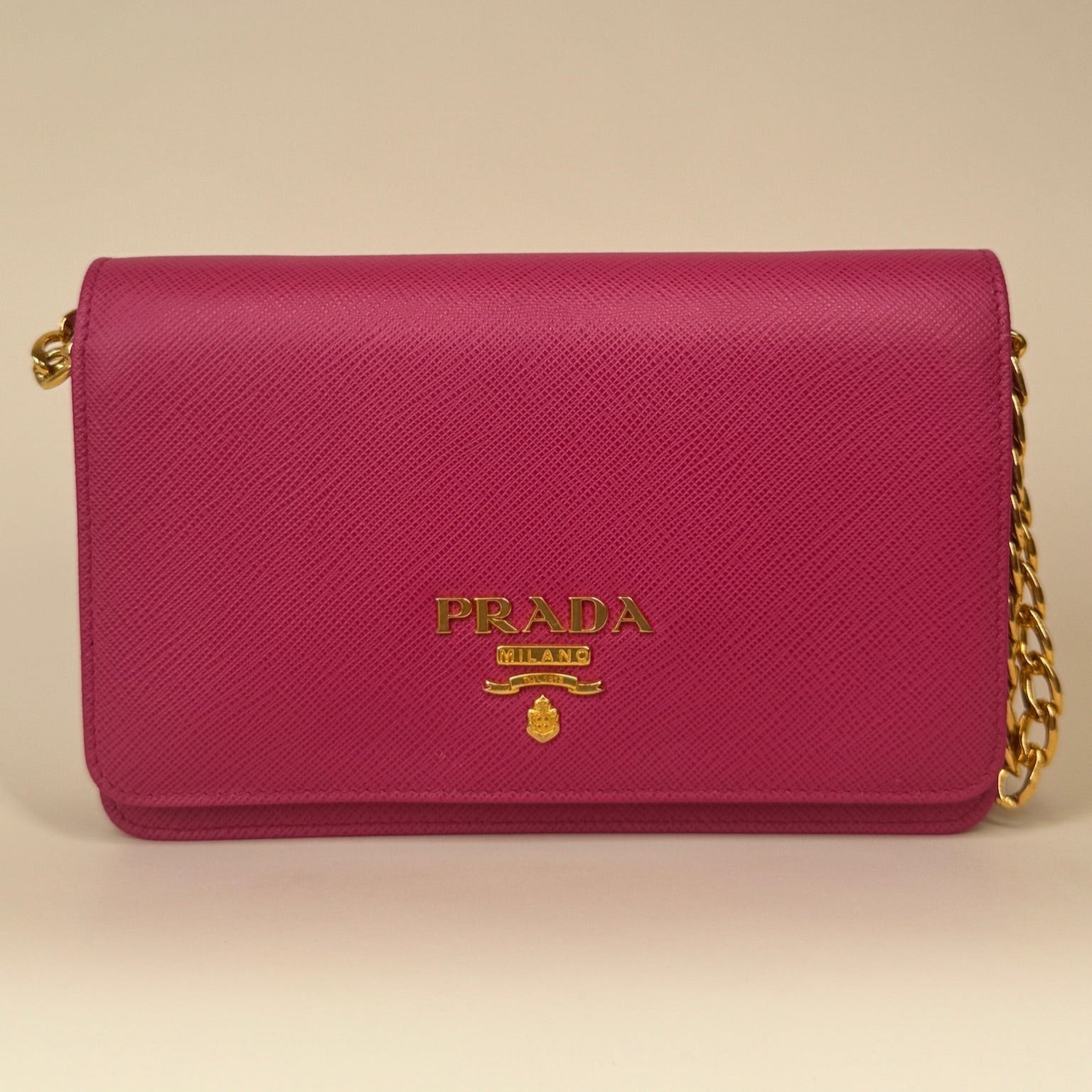PRE-OWNED Pink Saffiano Leather Wallet on Chain