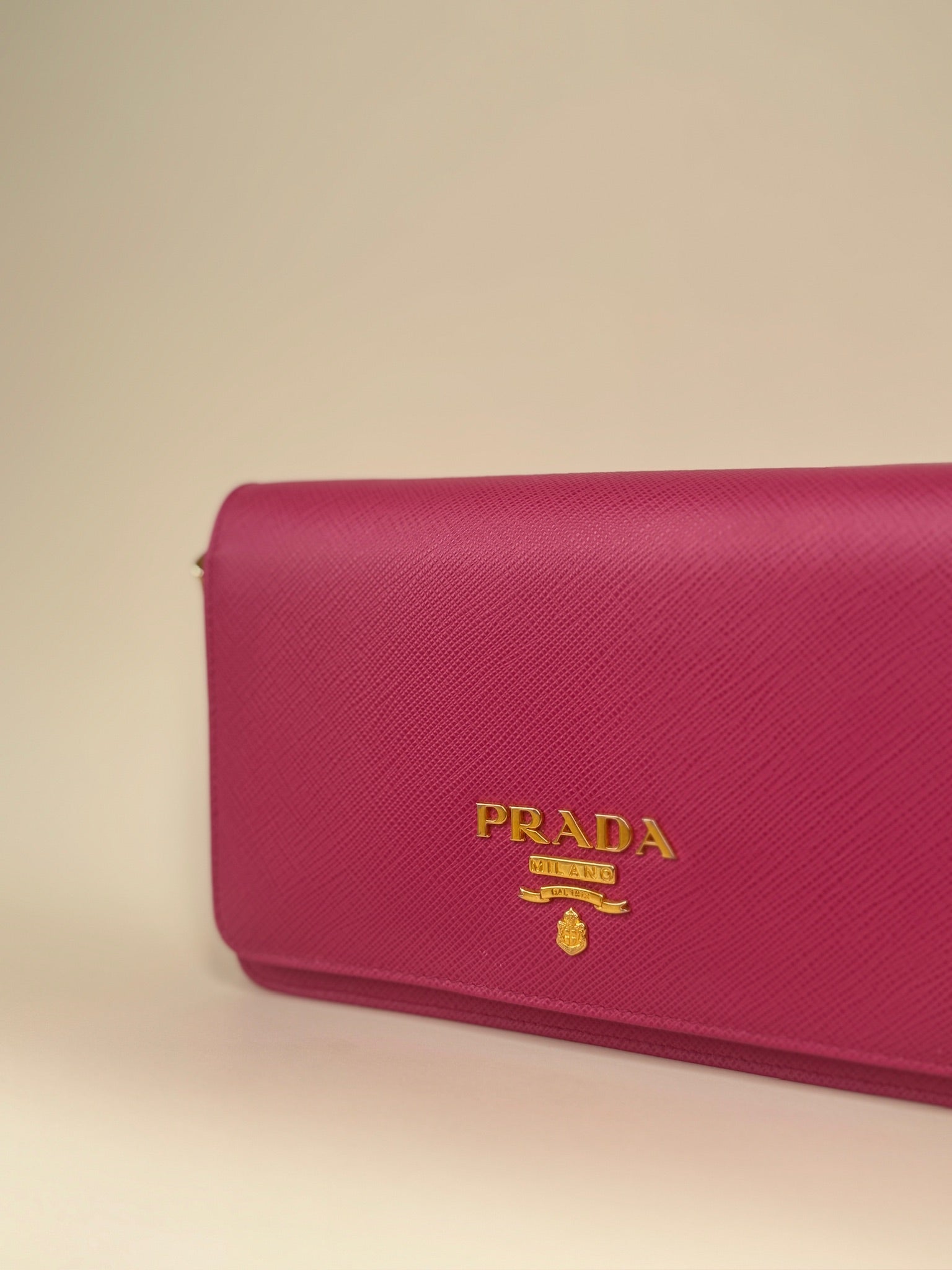 PRE-OWNED Pink Saffiano Leather Wallet on Chain