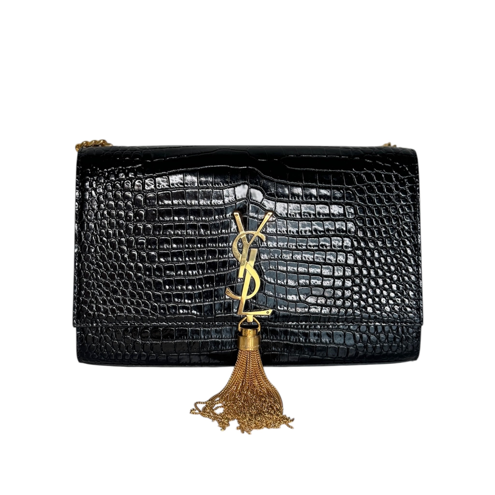 PRE-OWNED YSL Black Crocodrile Embossed Kate Tassel Shoulder Bag
