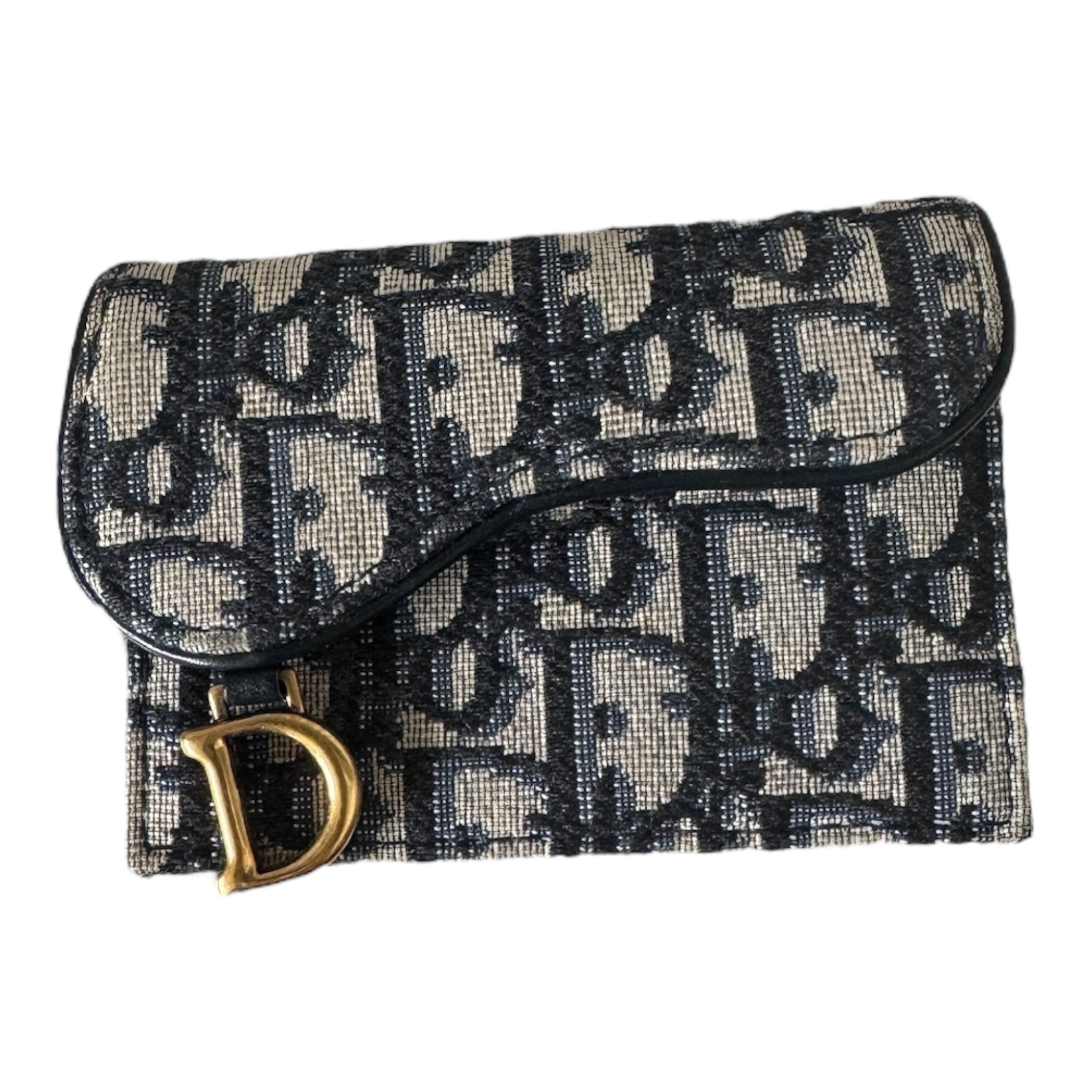 PRE-OWNED Saddle Flap Cream Navy Jacquard Leather Card Holder