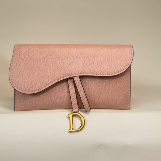 PRE-OWNED Peach Pink Grained Calfskin Saddle Chain Pouch Crossbody Bag