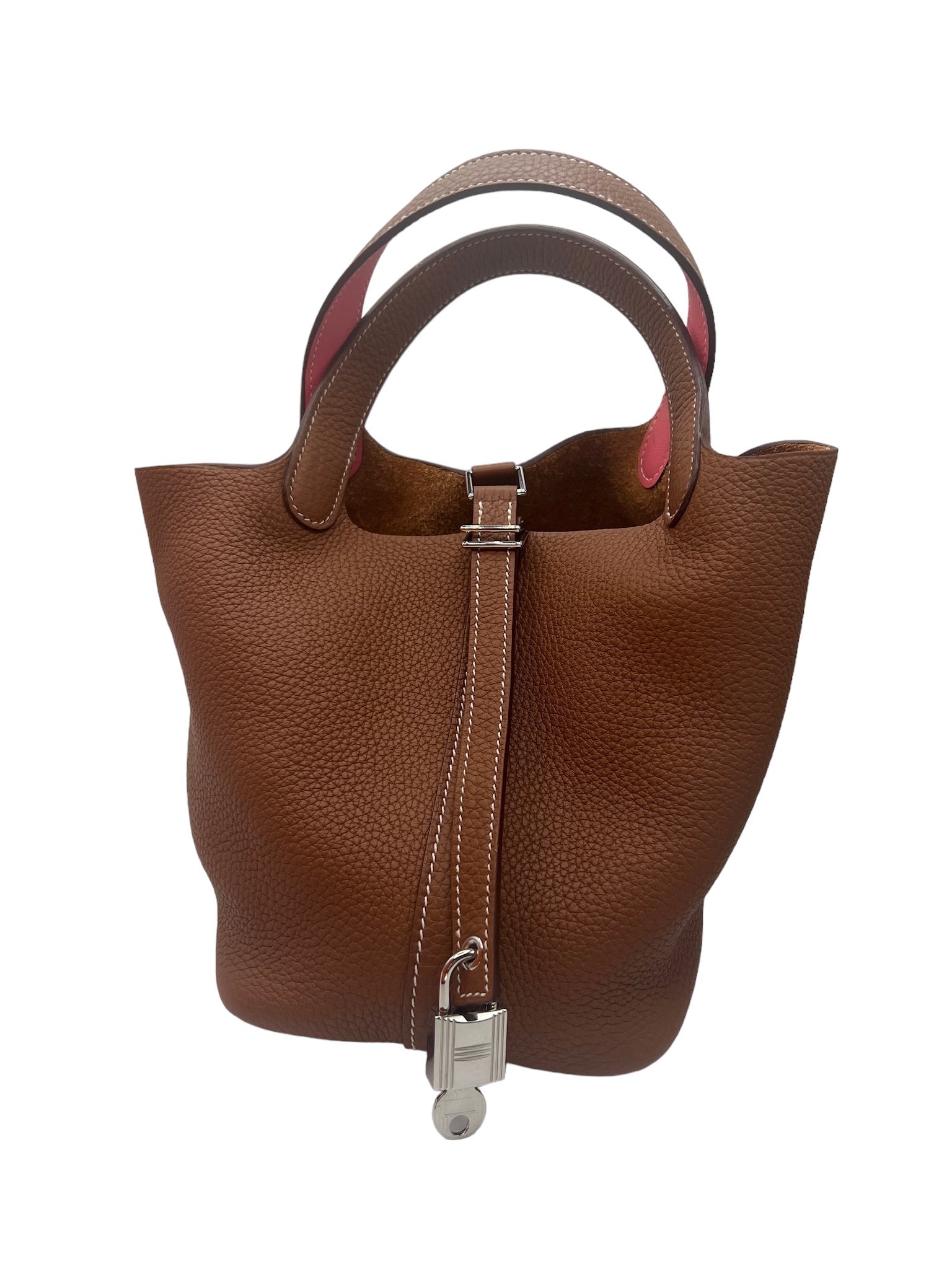 HERMES - Bolso Picotin Lock Ecrat Gold Rose Azalee Taurillon Clemence PM