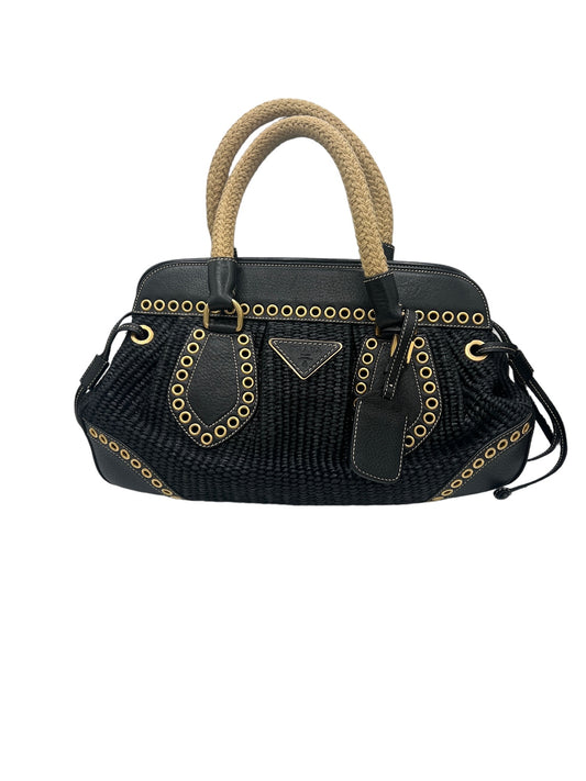 PRADA -  Black Beige Straw Leather Handbag