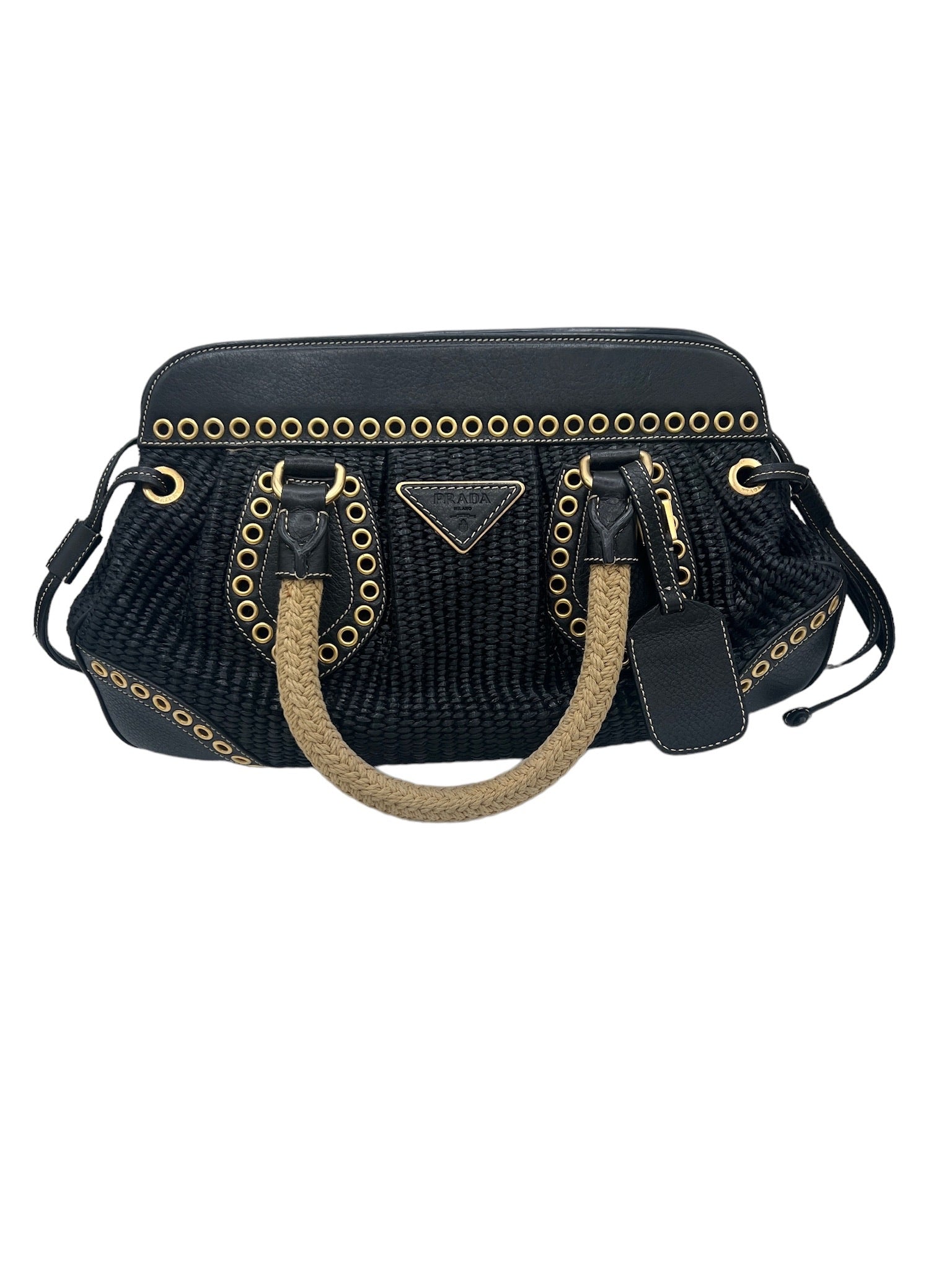 PRADA -  Black Beige Straw Leather Handbag