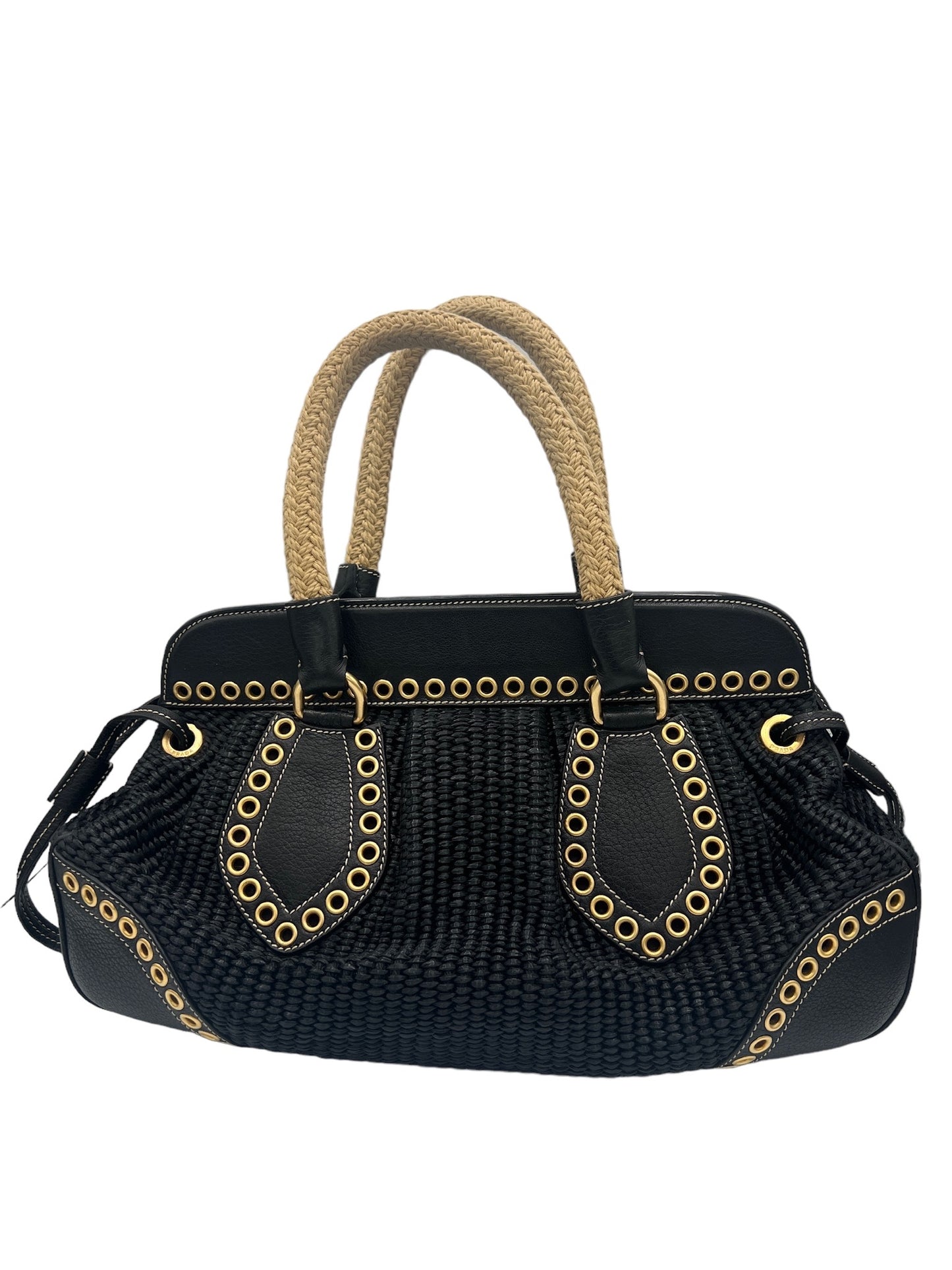 PRADA -  Black Beige Straw Leather Handbag