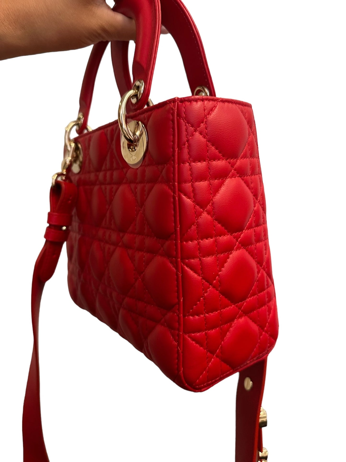 DIOR - Lady Dior Red Cannage Quilted Lambskin Small Amour