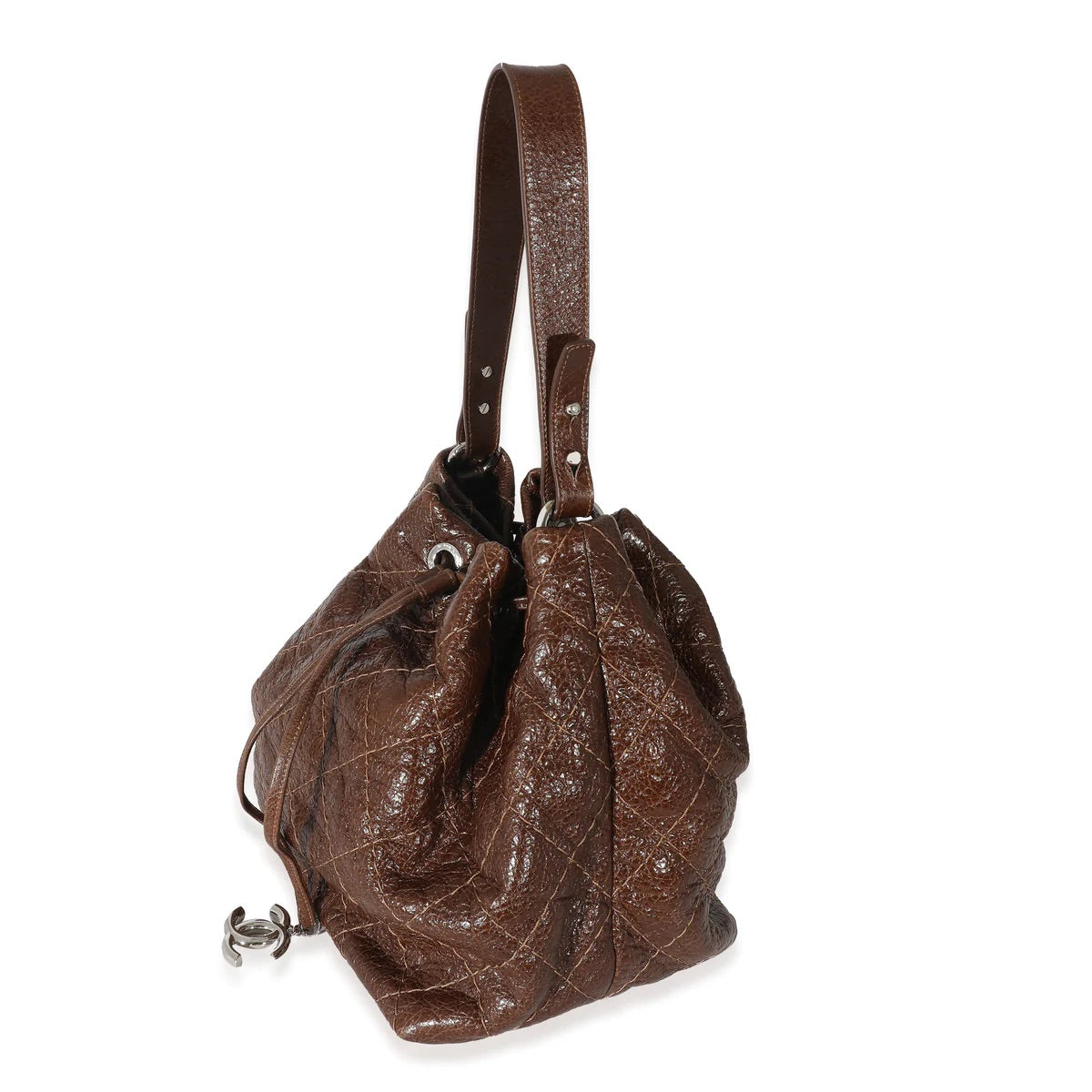 CHANEL - Brown Glazed Calfskin On The Road Drawstring Bucket Bag