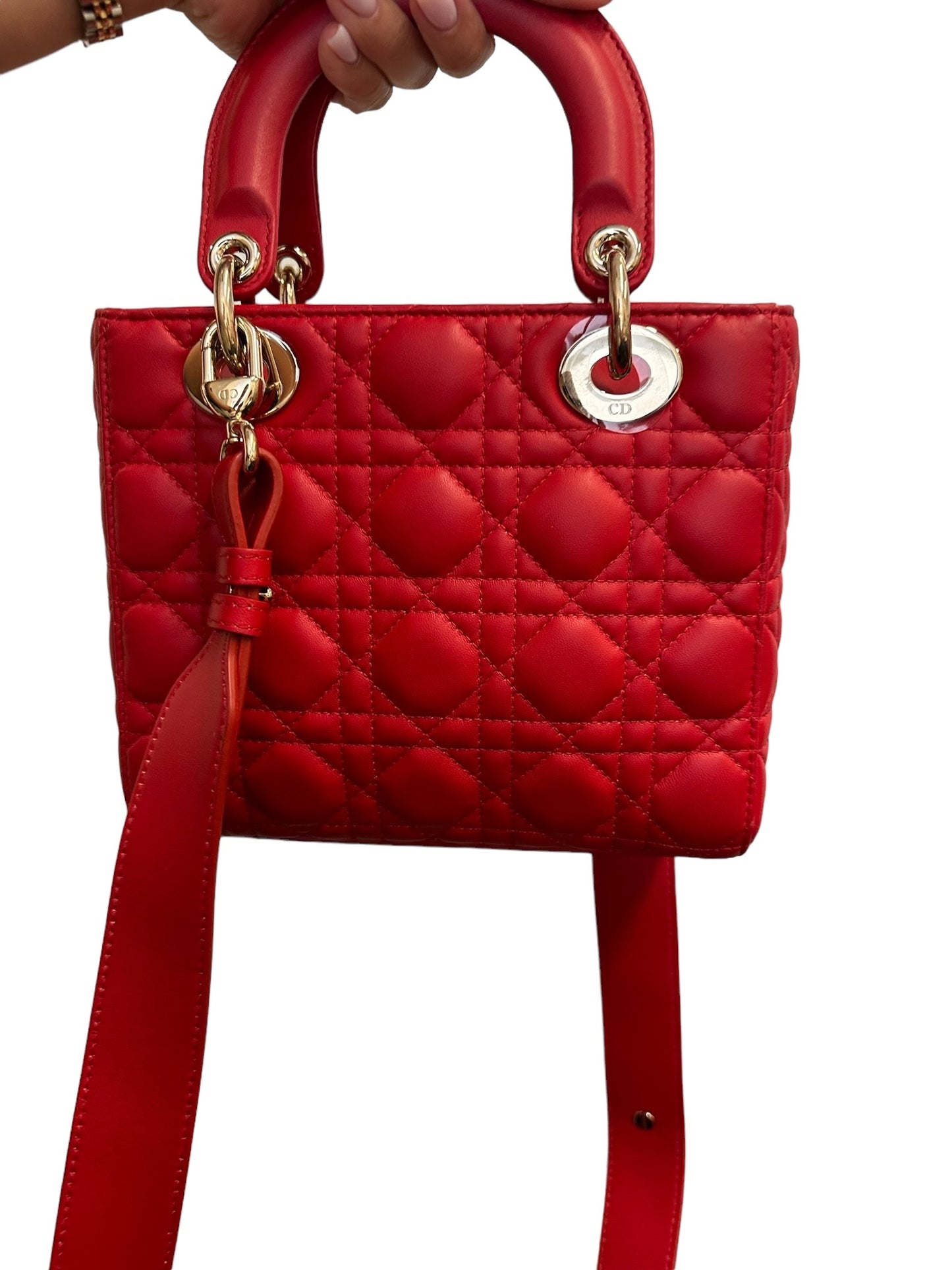 DIOR - Lady Dior Red Cannage Quilted Lambskin Small Amour