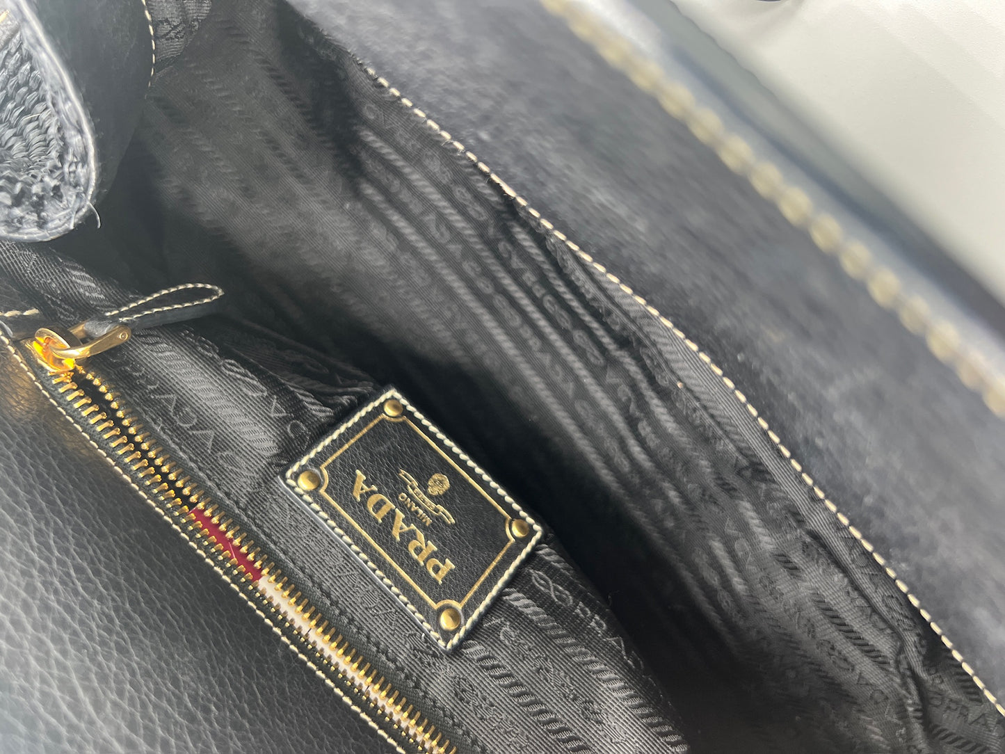 PRADA -  Black Beige Straw Leather Handbag