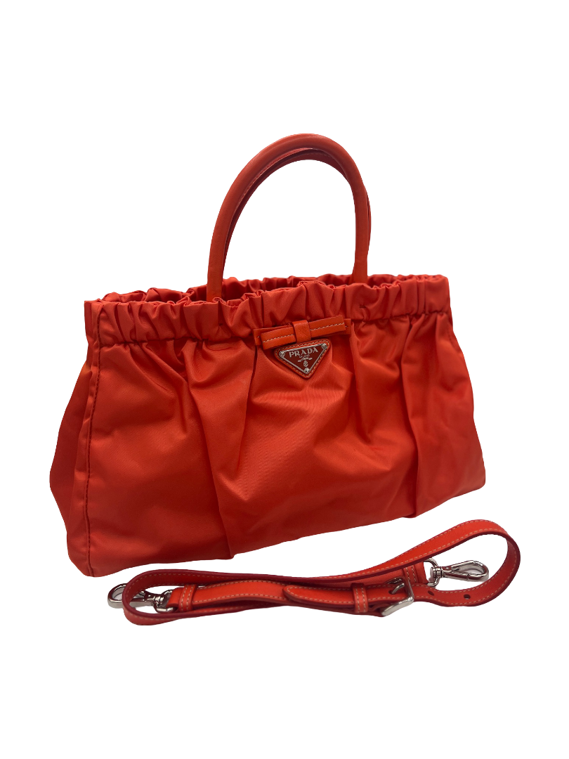 PRADA - Gathered Bag Handbag Orange Nylon