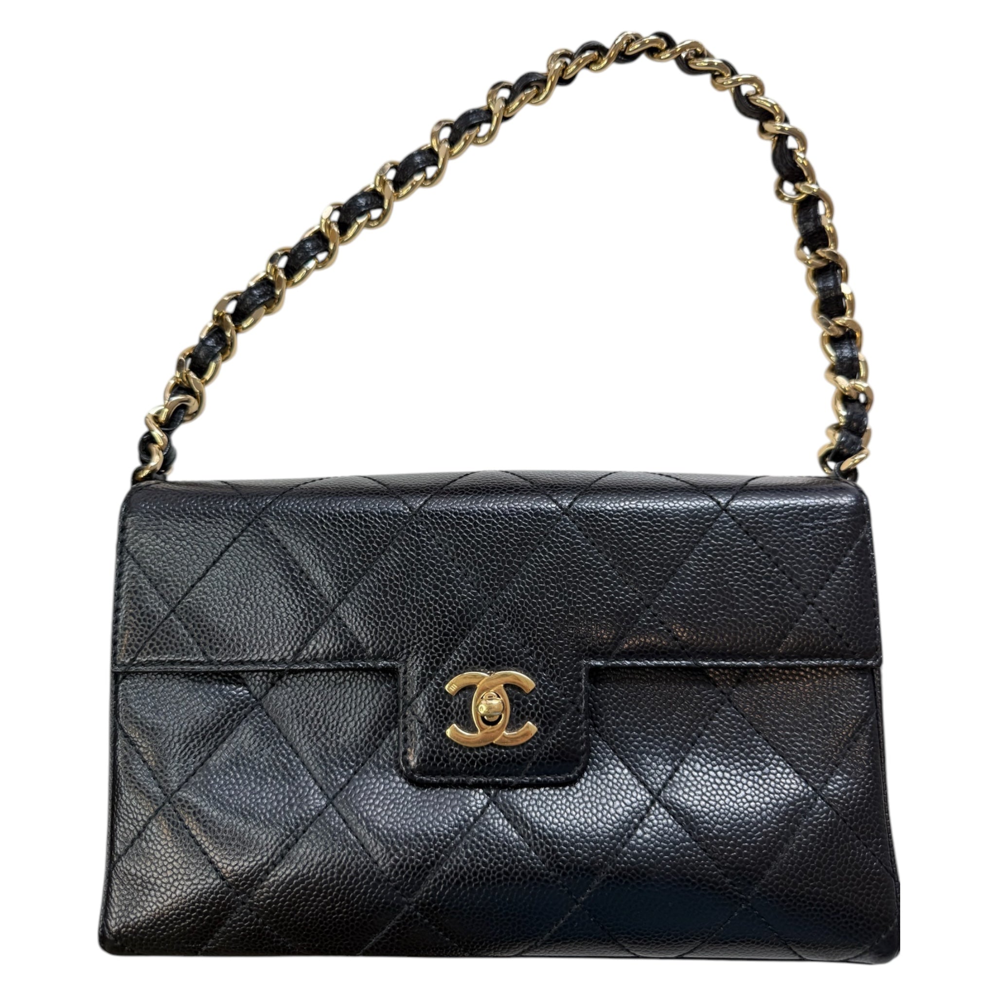 Bolso de hombro CC Vintage de caviar acolchado negro de 24 quilates con una sola solapa, USADO, PARTE 1 EMMA