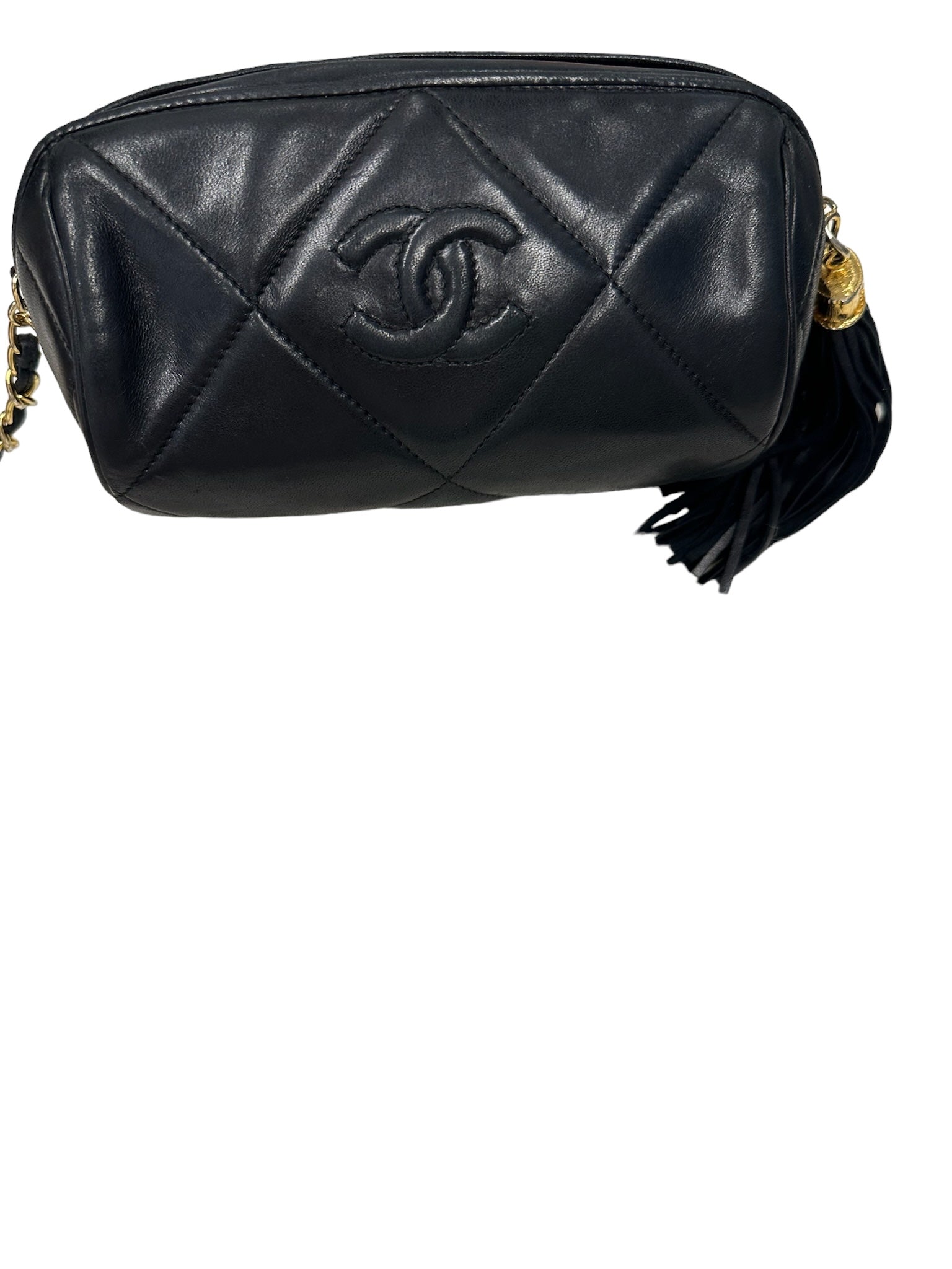 CHANEL - Bolso barril vintage CC de piel de cordero acolchada negra con diamantes