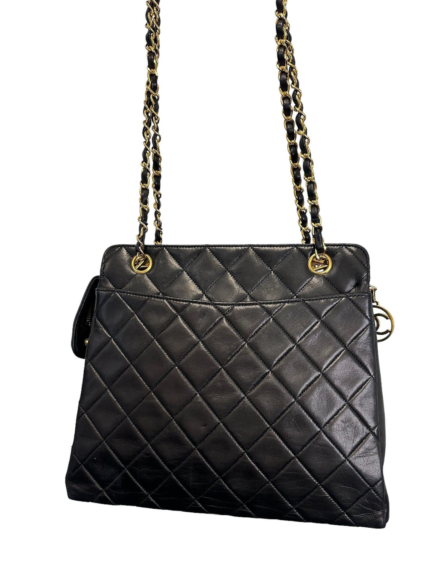 CHANEL - Vintage 24K Black Quilted Lambskin Front Pocket Tote