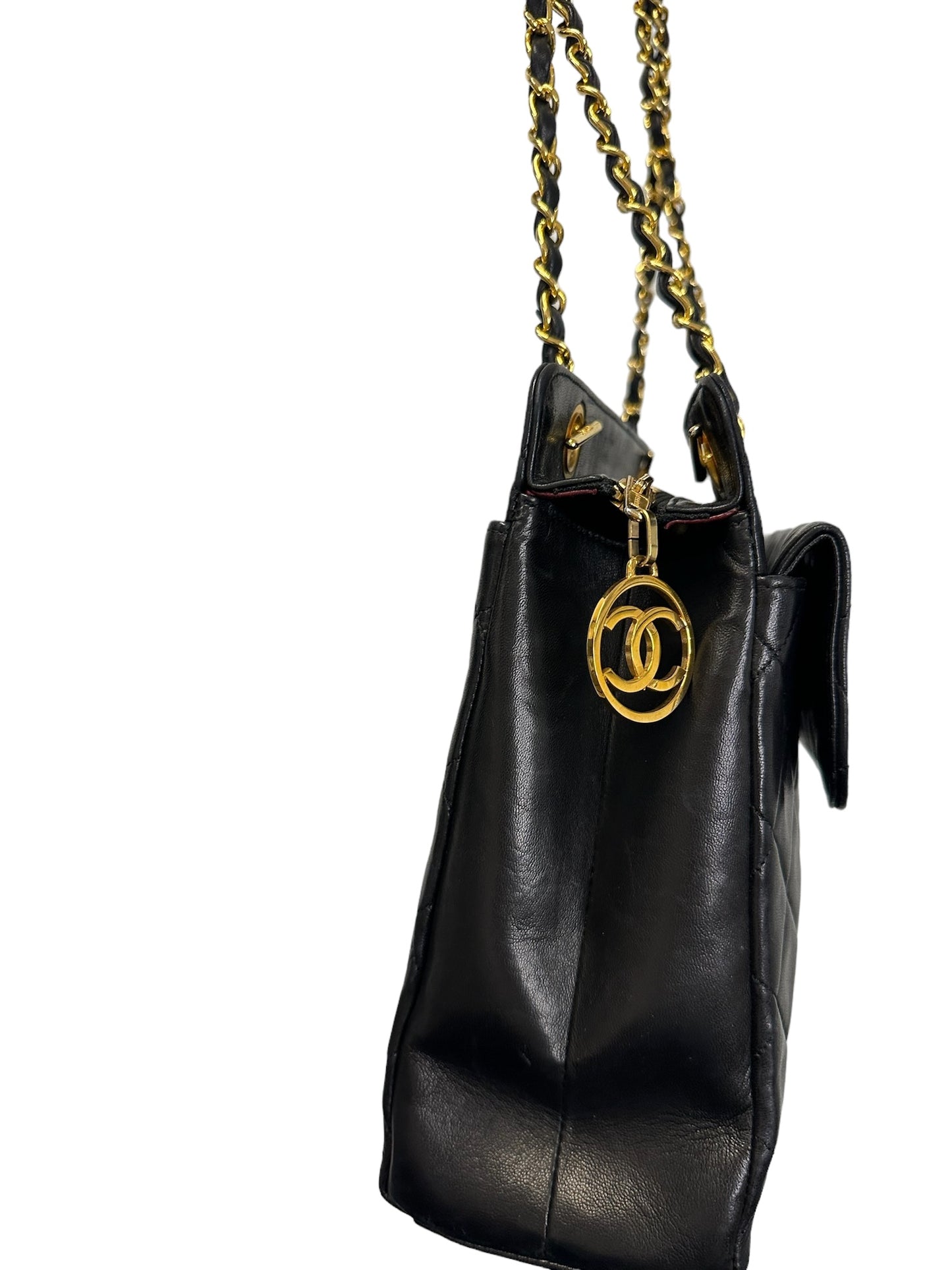 CHANEL - Vintage 24K Black Quilted Lambskin Front Pocket Tote