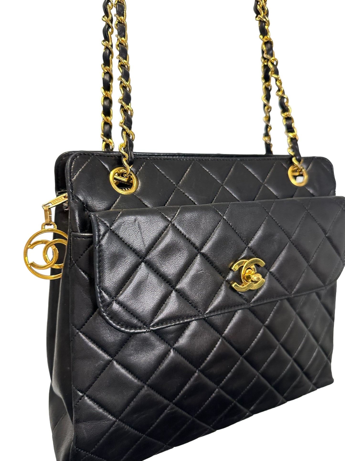 CHANEL - Vintage 24K Black Quilted Lambskin Front Pocket Tote