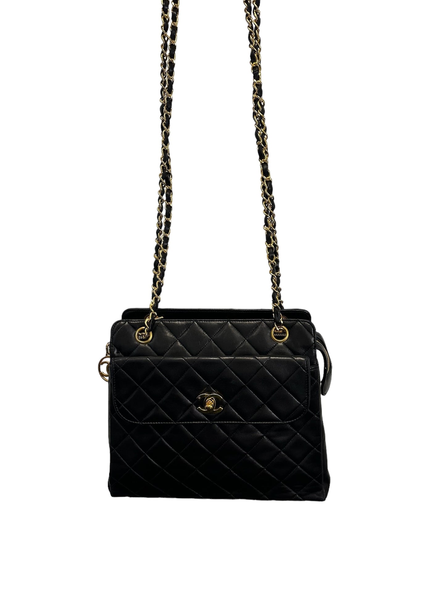 CHANEL - Vintage 24K Black Quilted Lambskin Front Pocket Tote