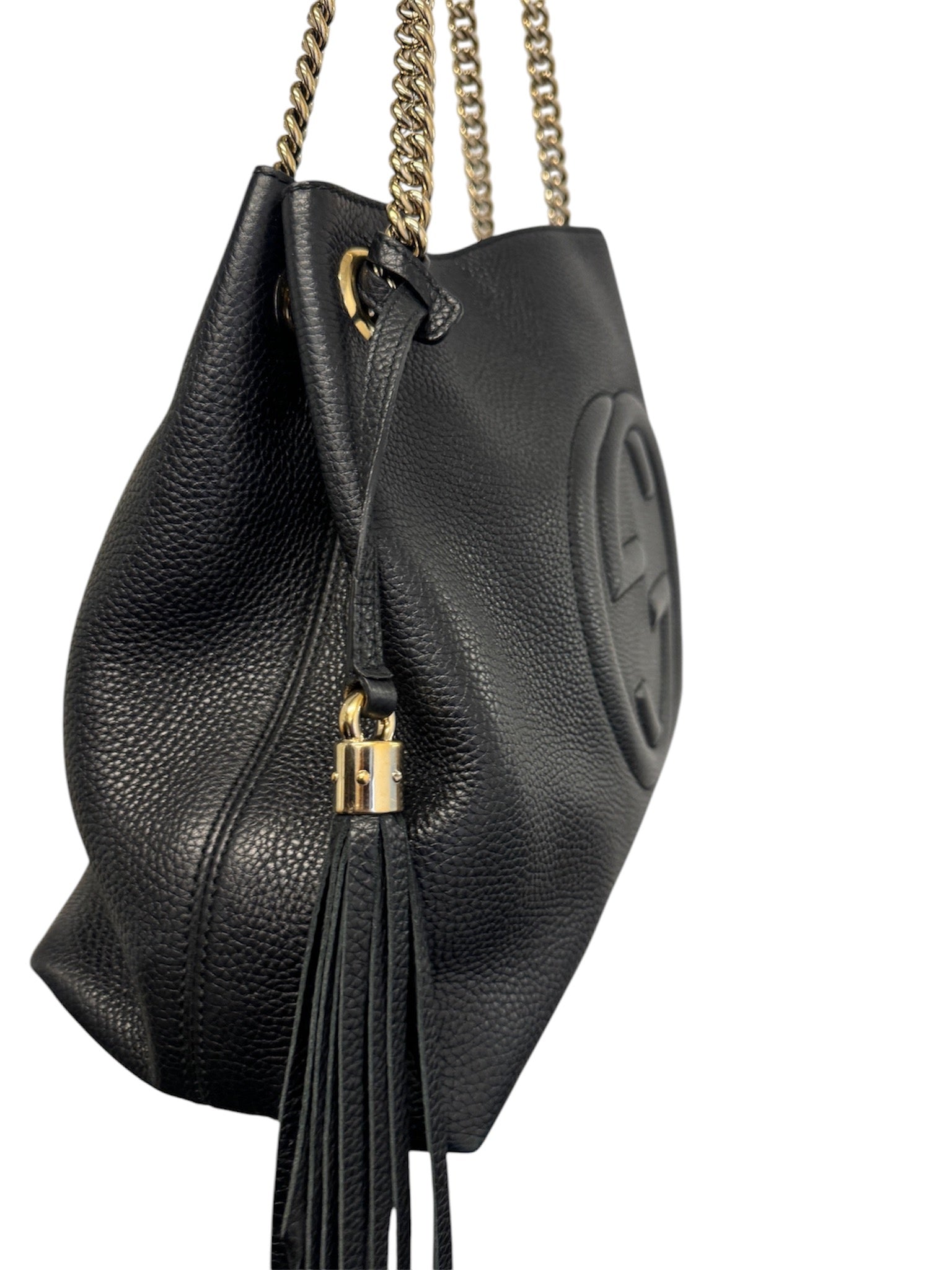 Bolso tote Soho Chain mediano de piel de becerro granulada negra GG USADO