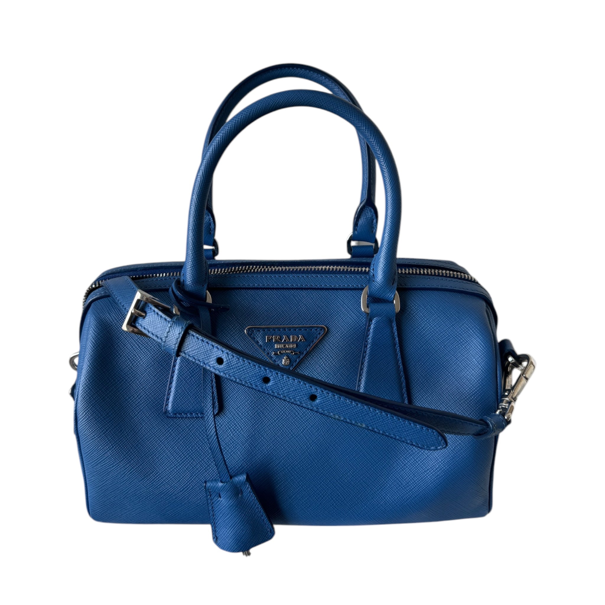 PRE-OWNED Blue Vitello Daino Saffiano Leather Crossbody Bag