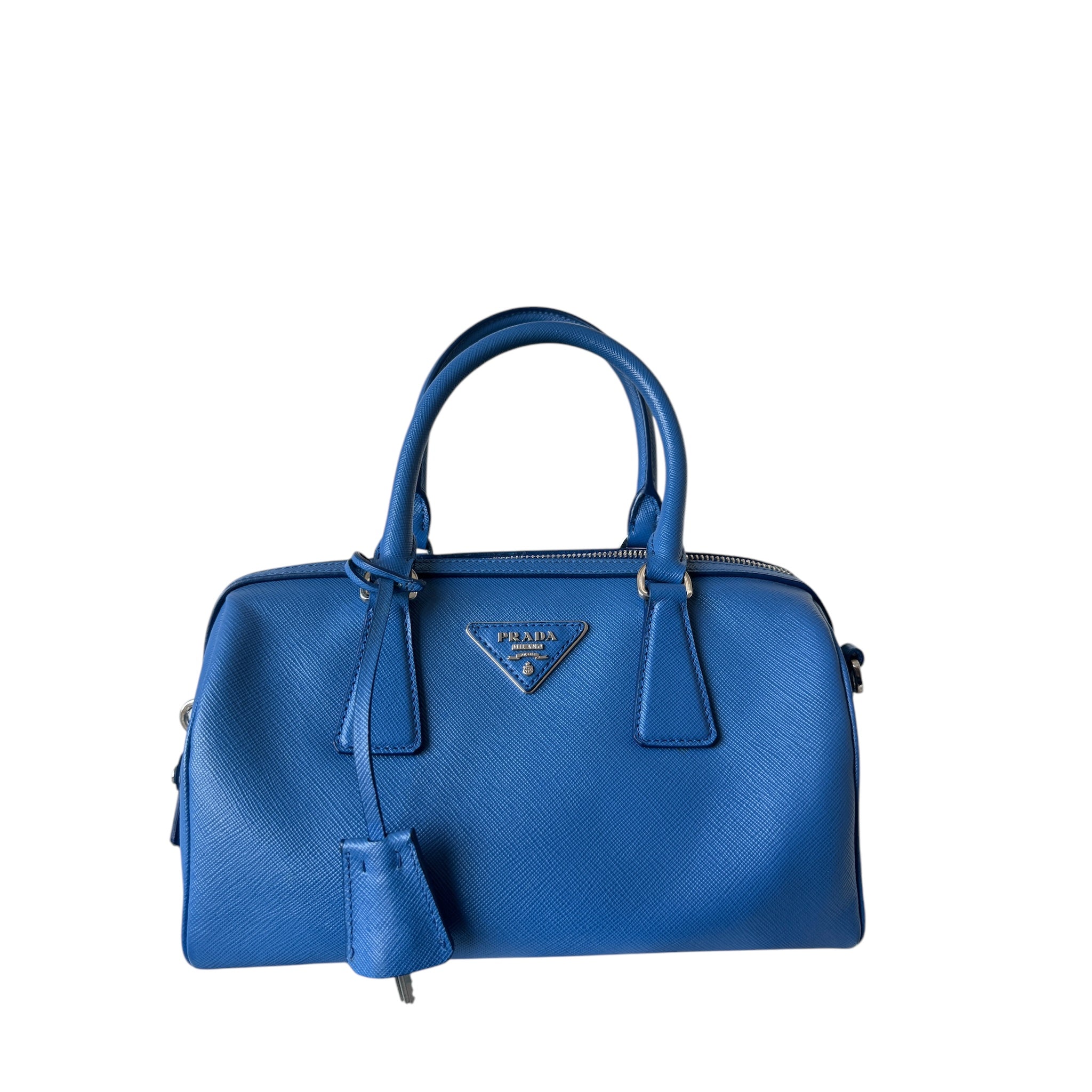 PRE-OWNED Blue Vitello Daino Saffiano Leather Crossbody Bag