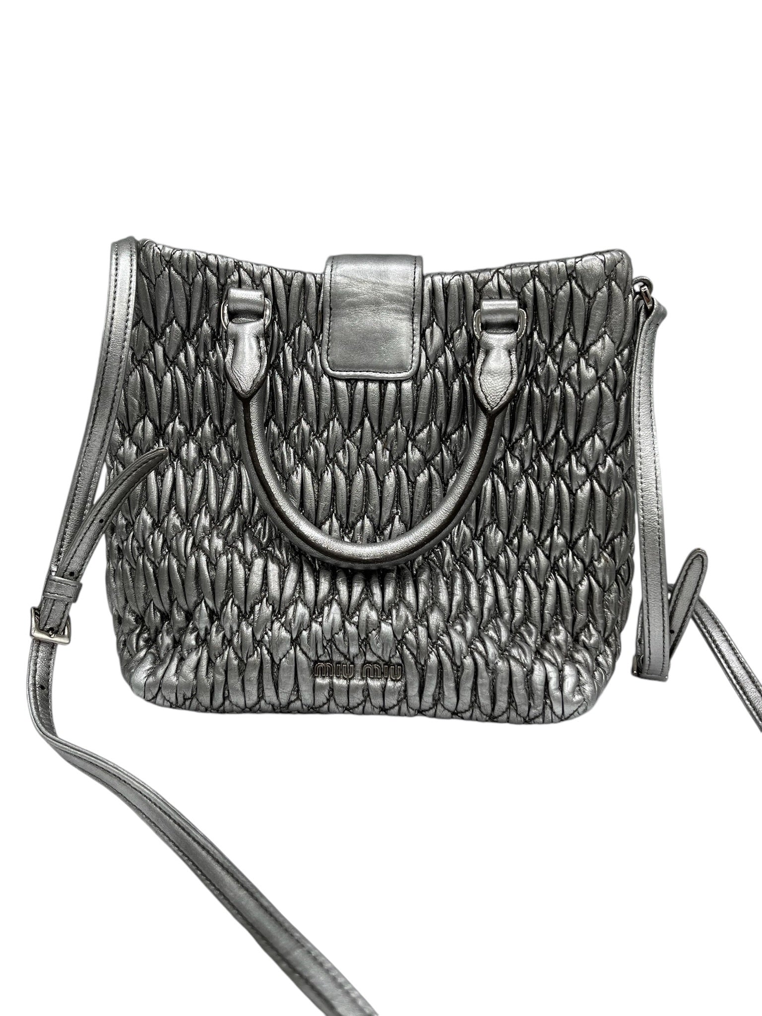 MIU MIU - Silver Matelasse Crystal Leather Statchel Shoulder Bag