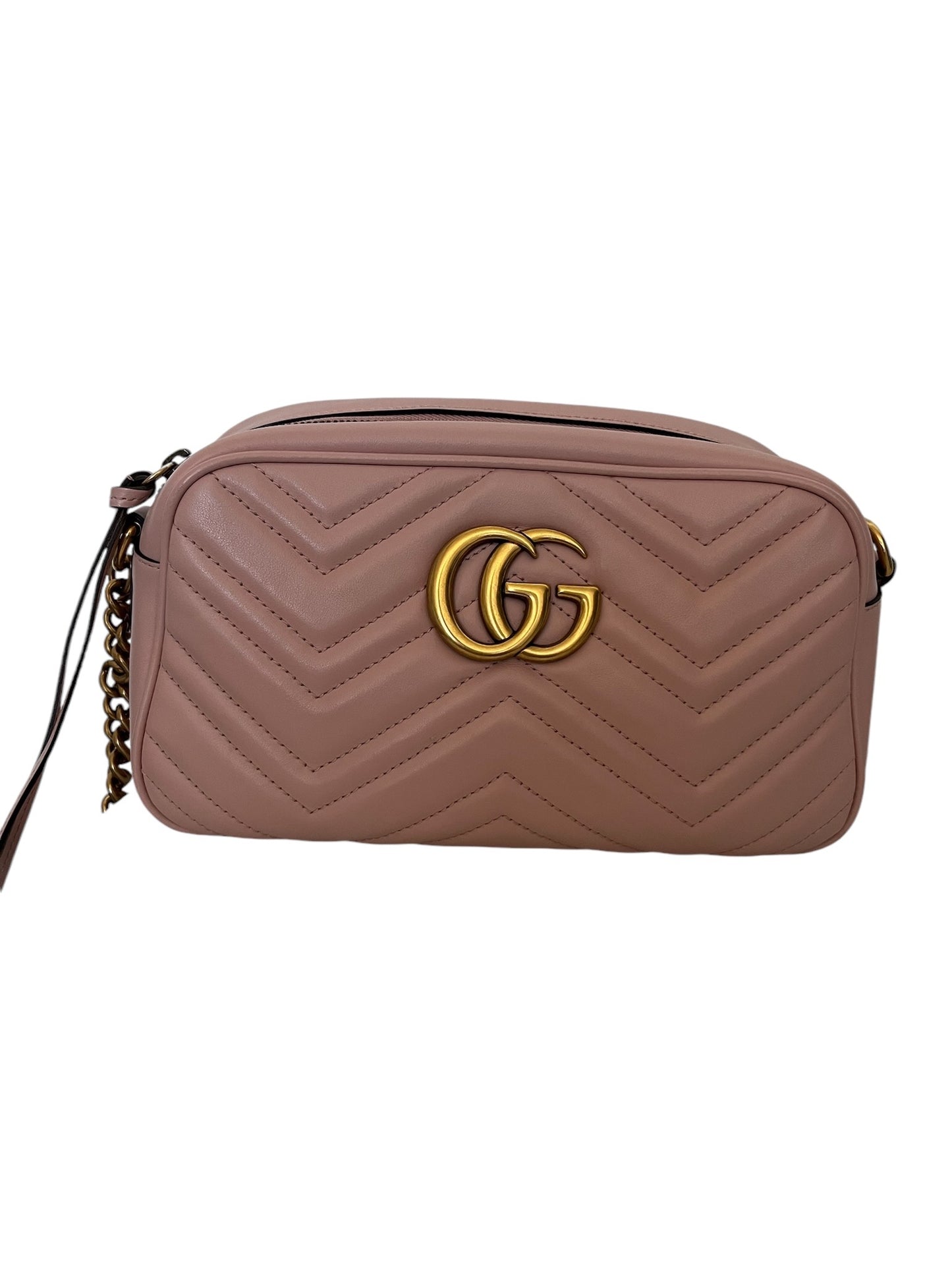 GUCCI - Porcelain Rose Calfskin Matelasse Mini GG Marmont Chain Shoulder Bag