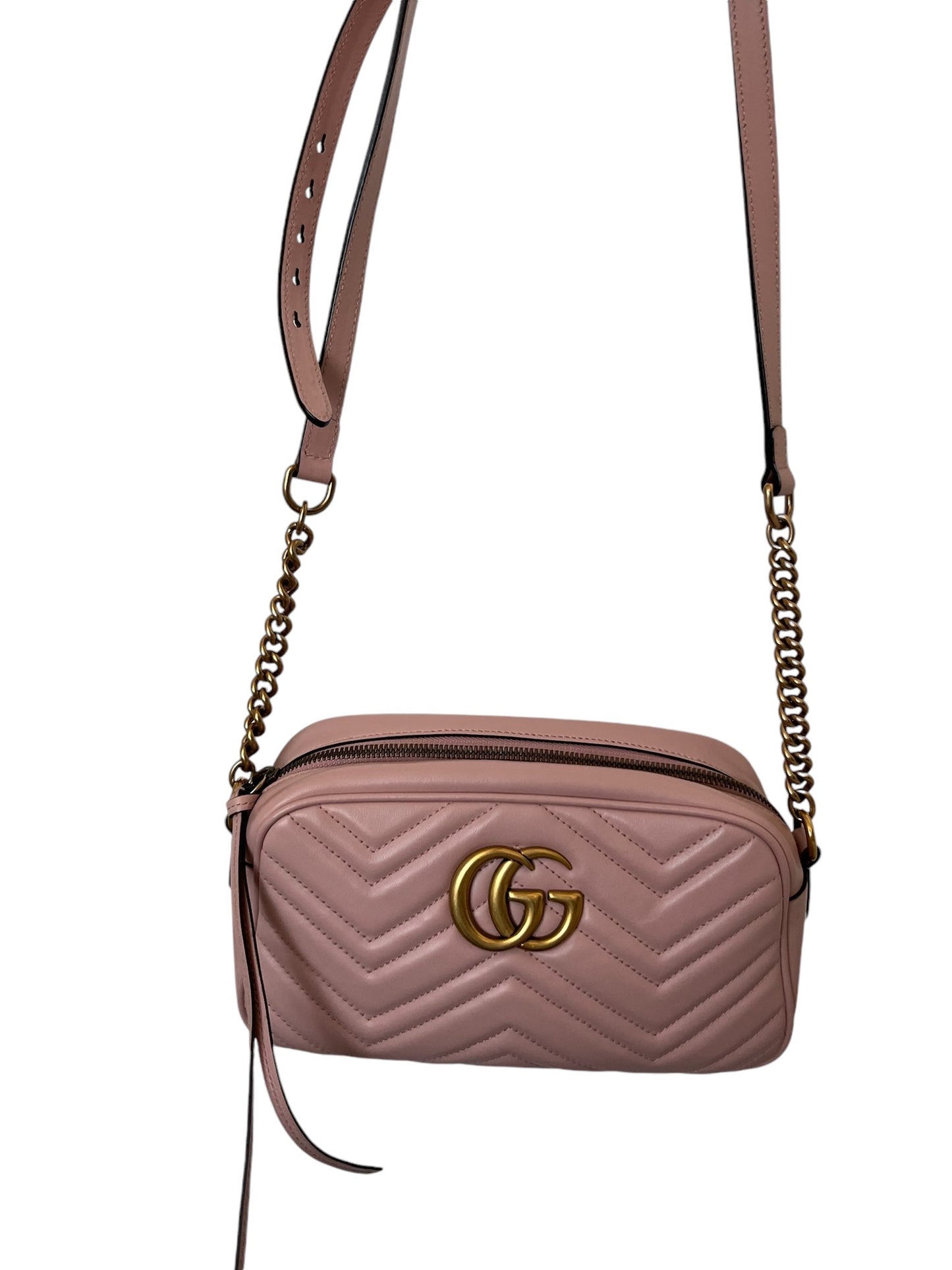 GUCCI - Porcelain Rose Calfskin Matelasse Mini GG Marmont Chain Shoulder Bag