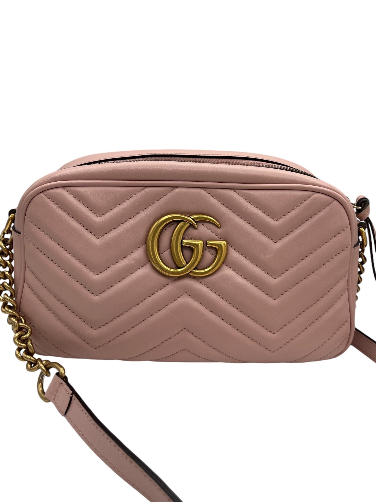 GUCCI - Bolso de hombro con cadena GG Marmont Mini Matelasse de piel de becerro en color rosa porcelana