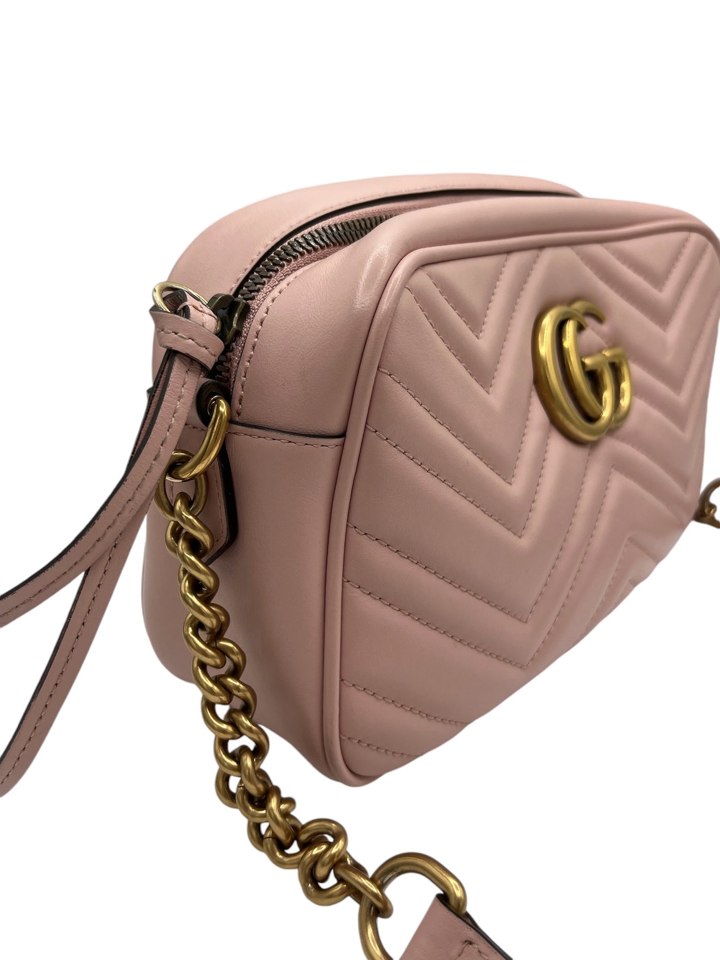 GUCCI - Porcelain Rose Calfskin Matelasse Mini GG Marmont Chain Shoulder Bag