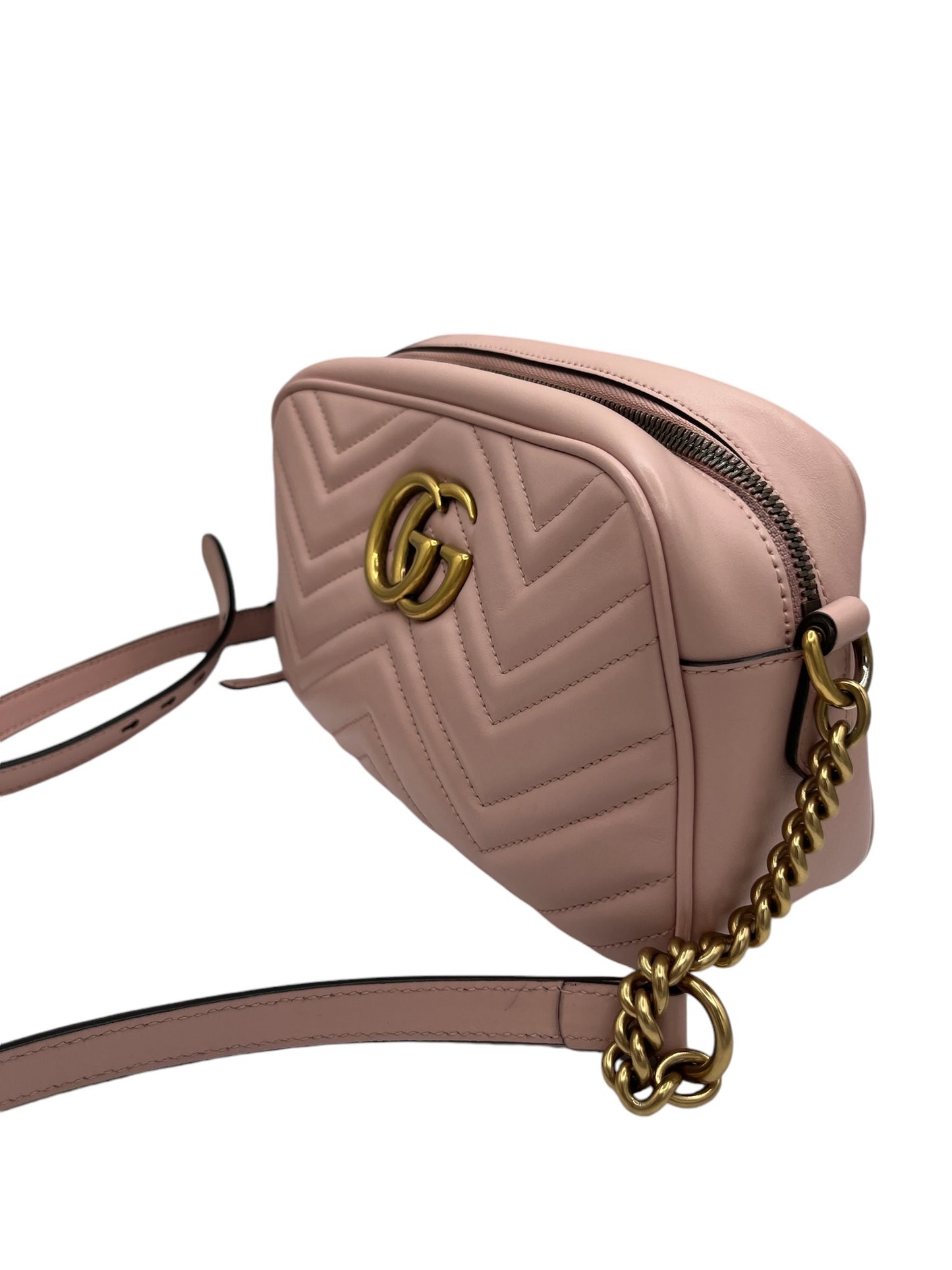 GUCCI - Porcelain Rose Calfskin Matelasse Mini GG Marmont Chain Shoulder Bag