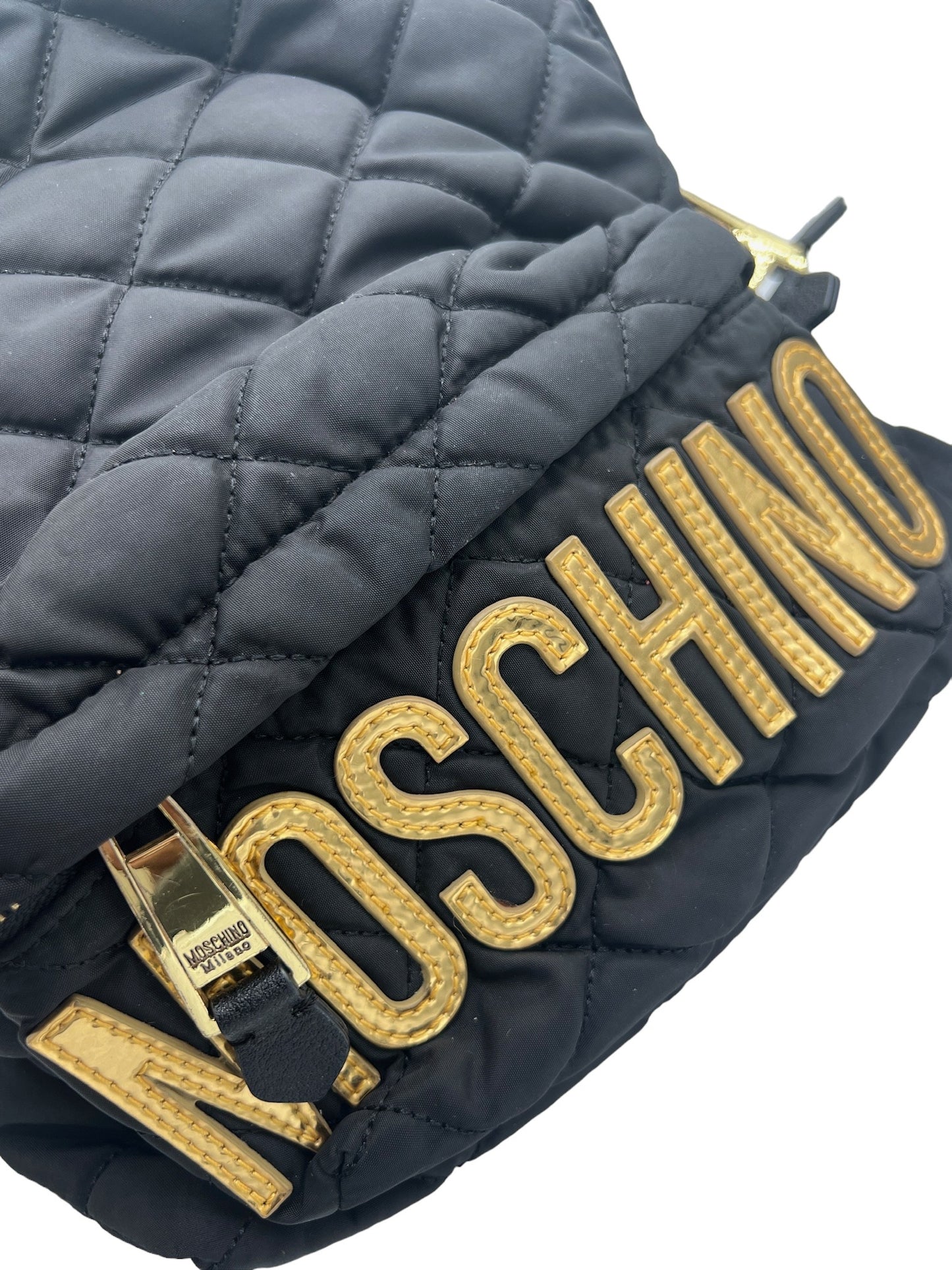 MOSCHINO - Black Gold Nylon Leather Logo Backpack