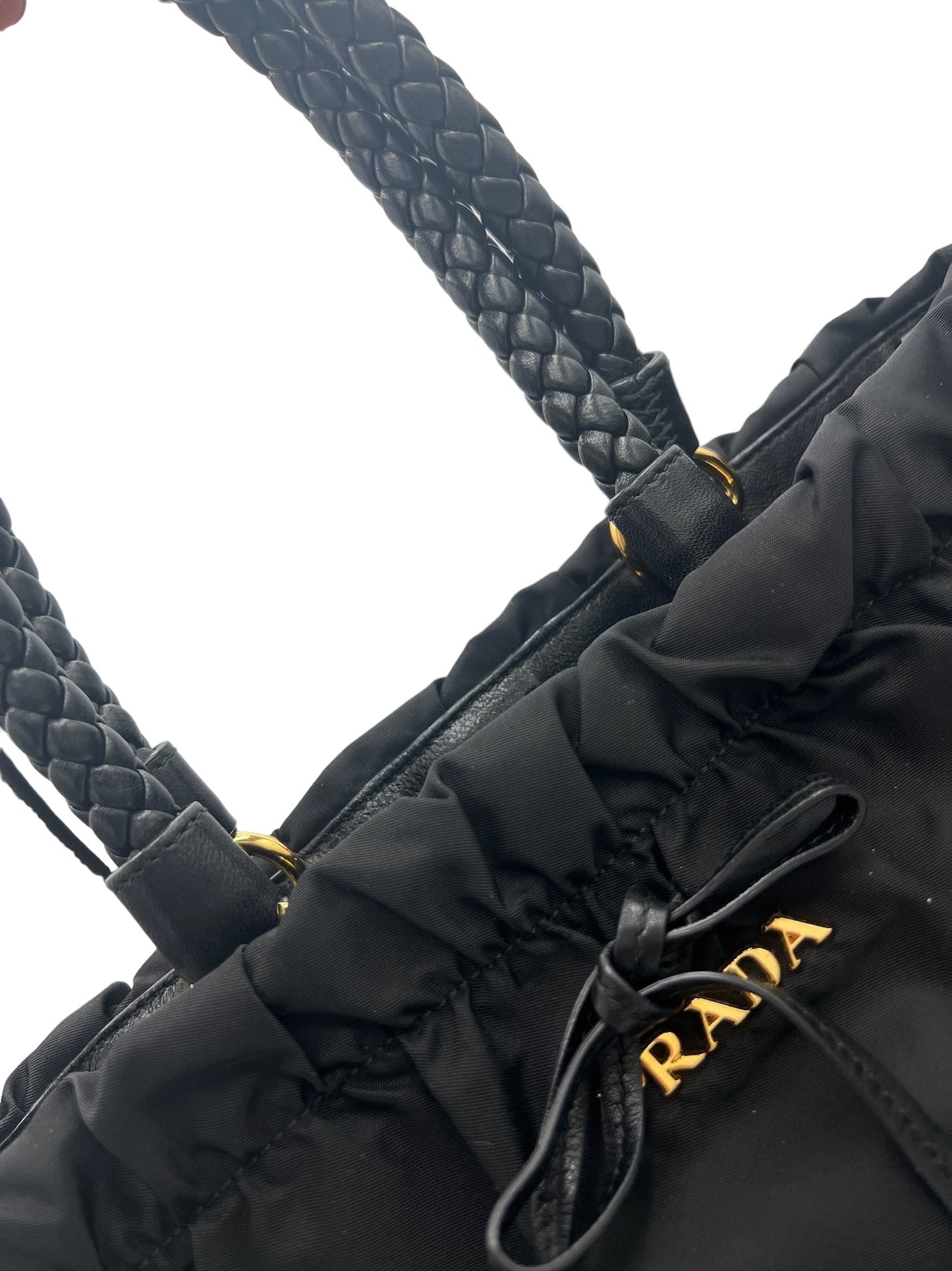 PRADA - Black Nylon Leather Gathered Tote Bag