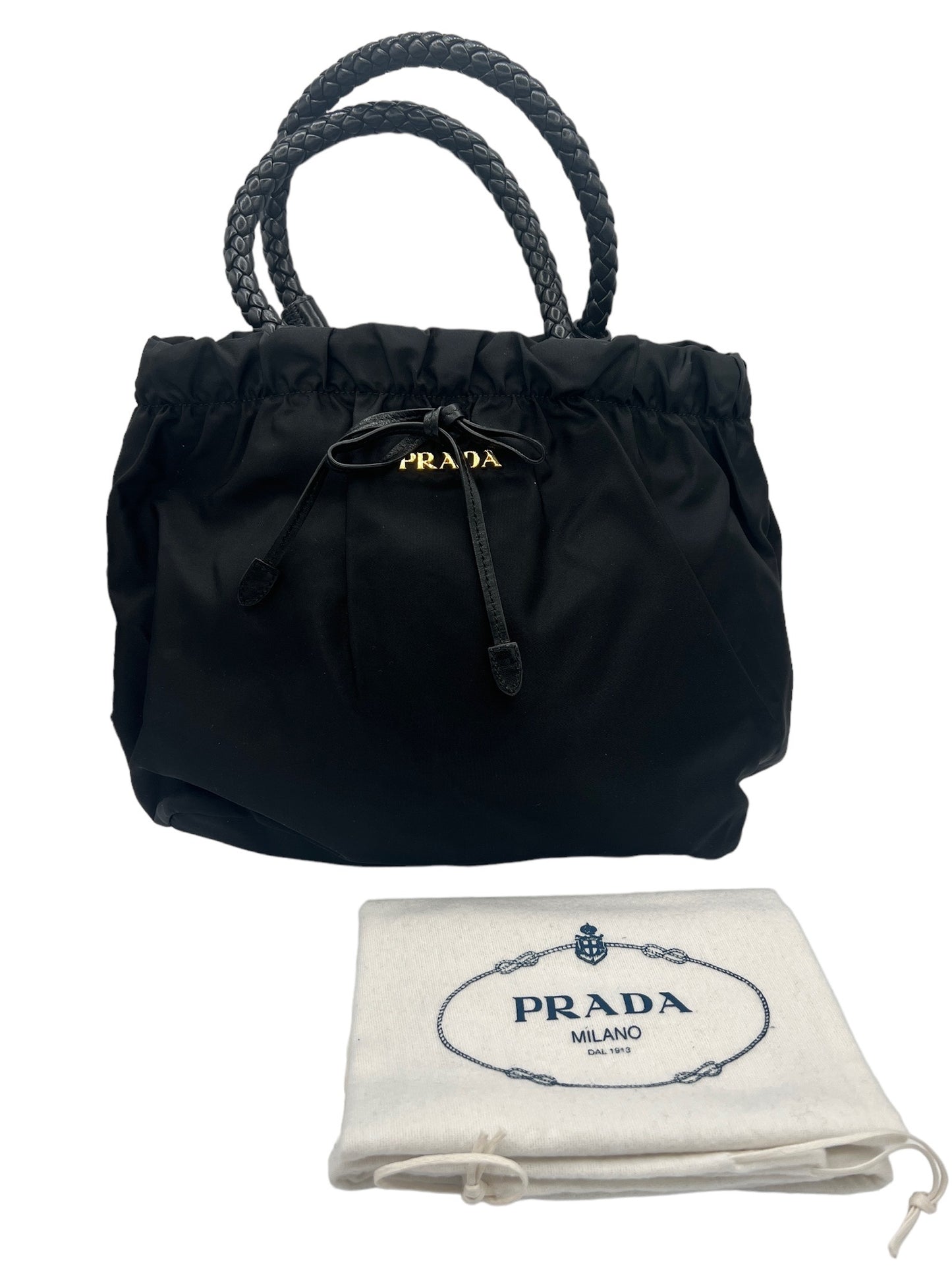 PRADA - Black Nylon Leather Gathered Tote Bag