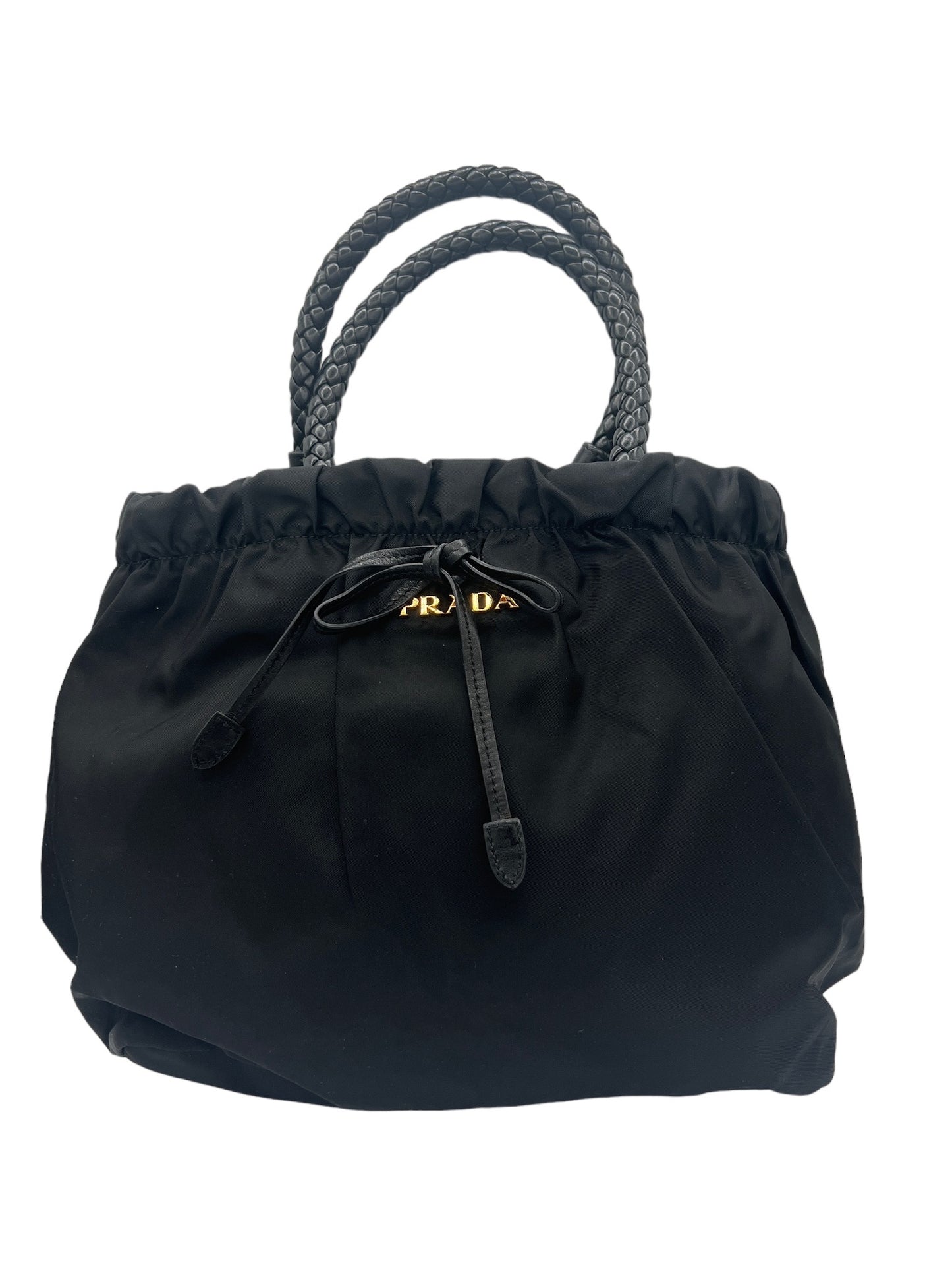 PRADA - Black Nylon Leather Gathered Tote Bag