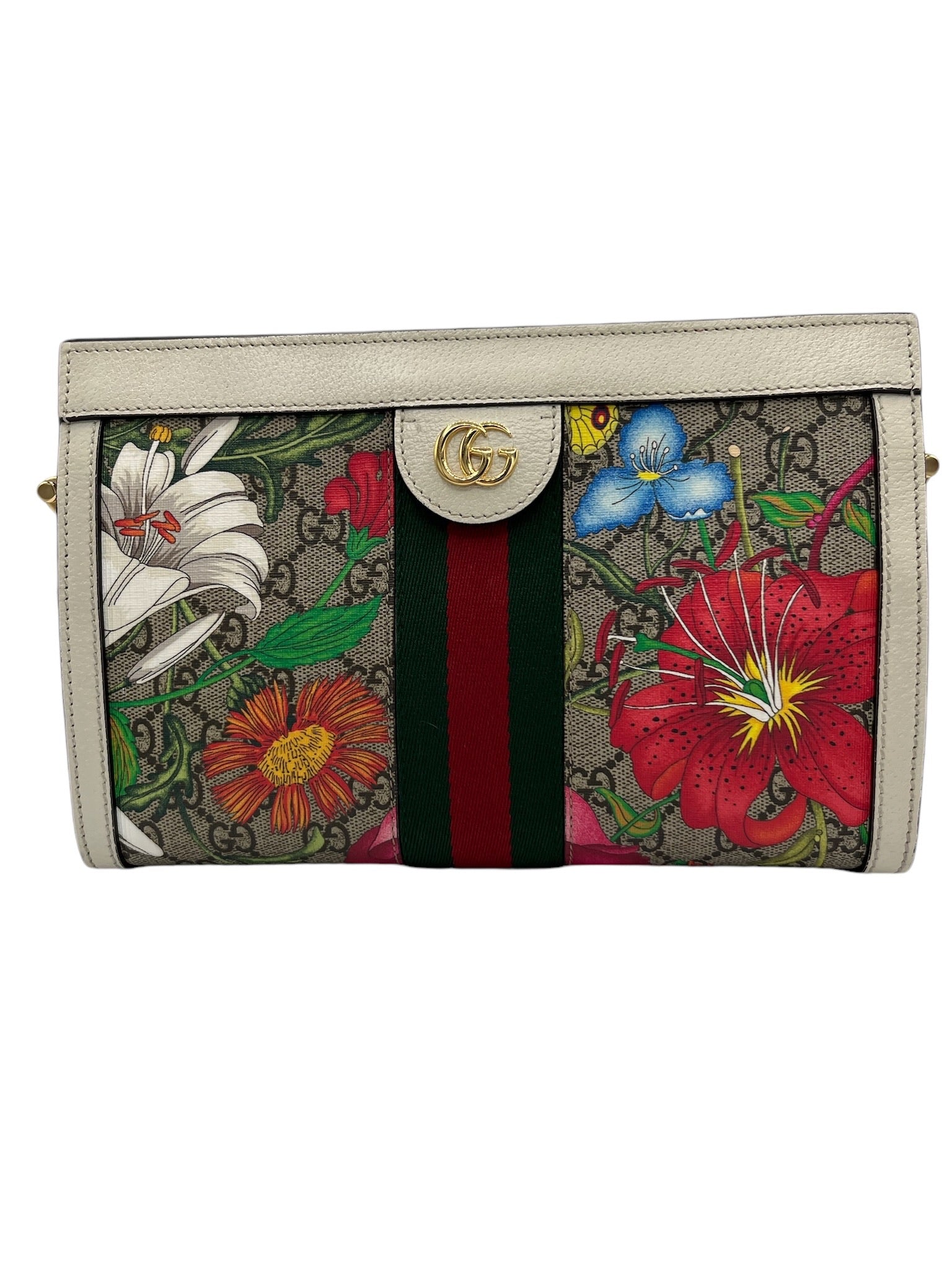 Bolso de hombro con cadena Ophidia pequeña GG Supreme Monogram Flora Web de segunda mano