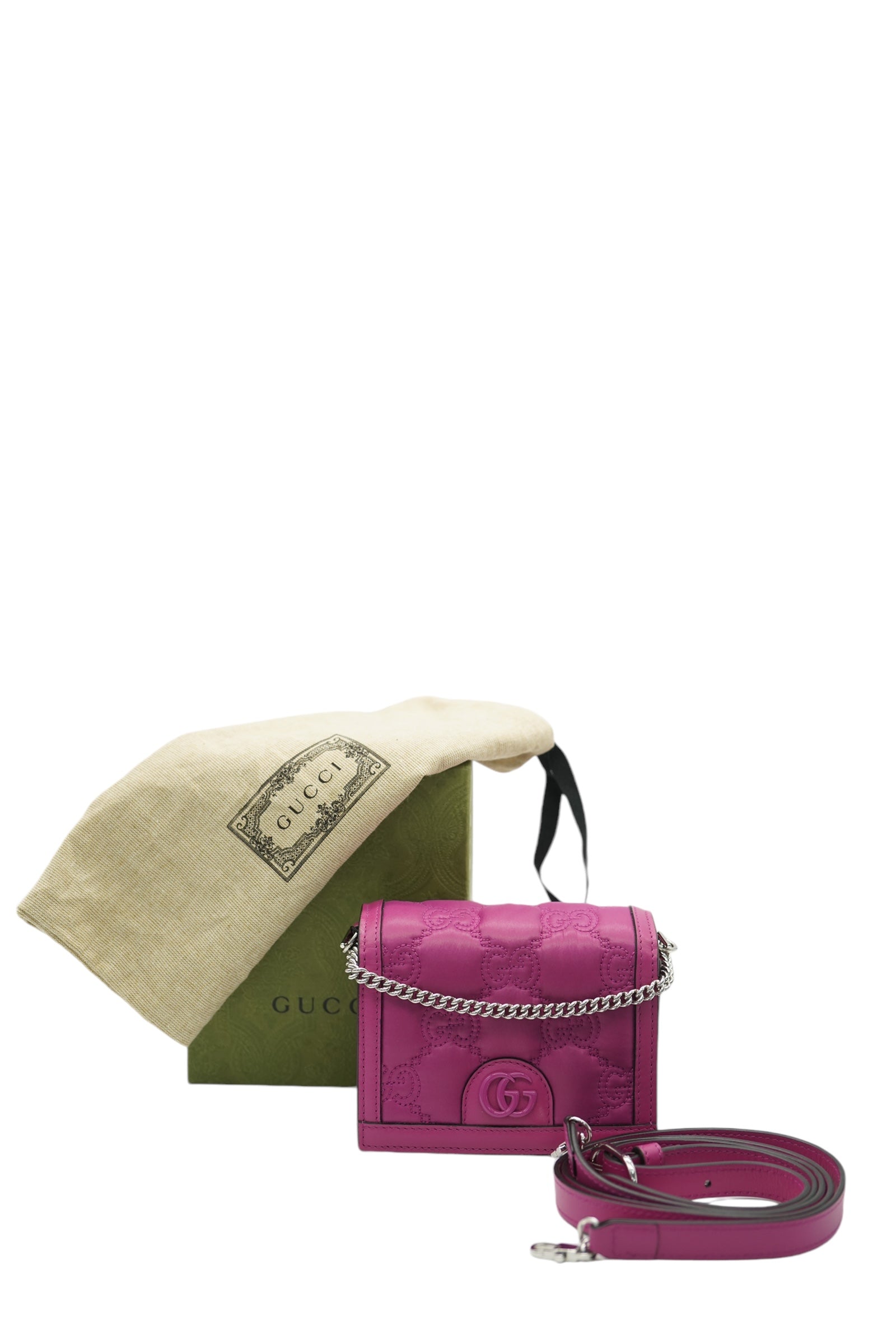 GUCCI - Bolso bandolera con cadena y tarjetero de nailon GG Matelasse en color rosa