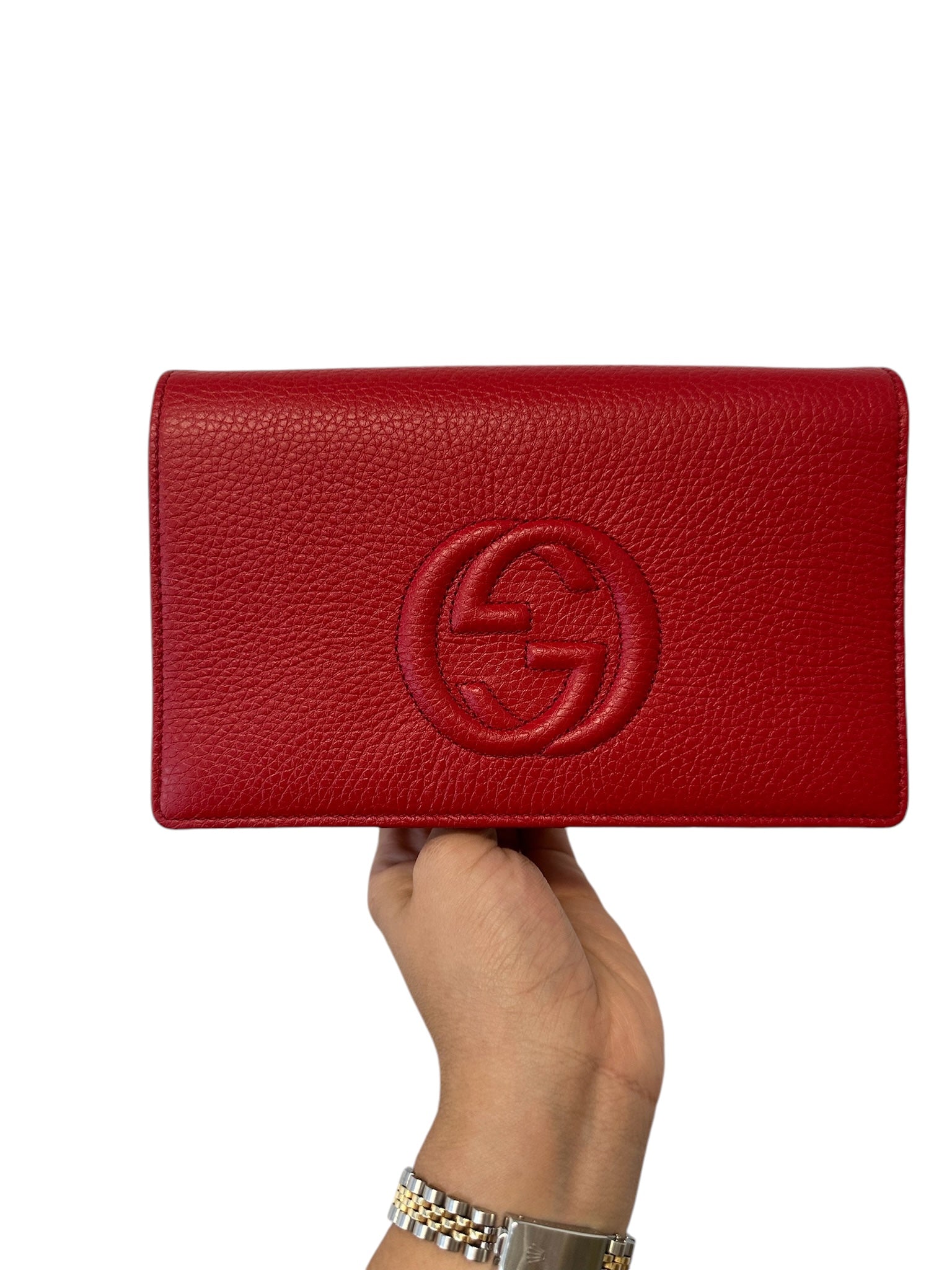 GUCCI - Cartera con cadena Soho de piel de becerro granulada roja