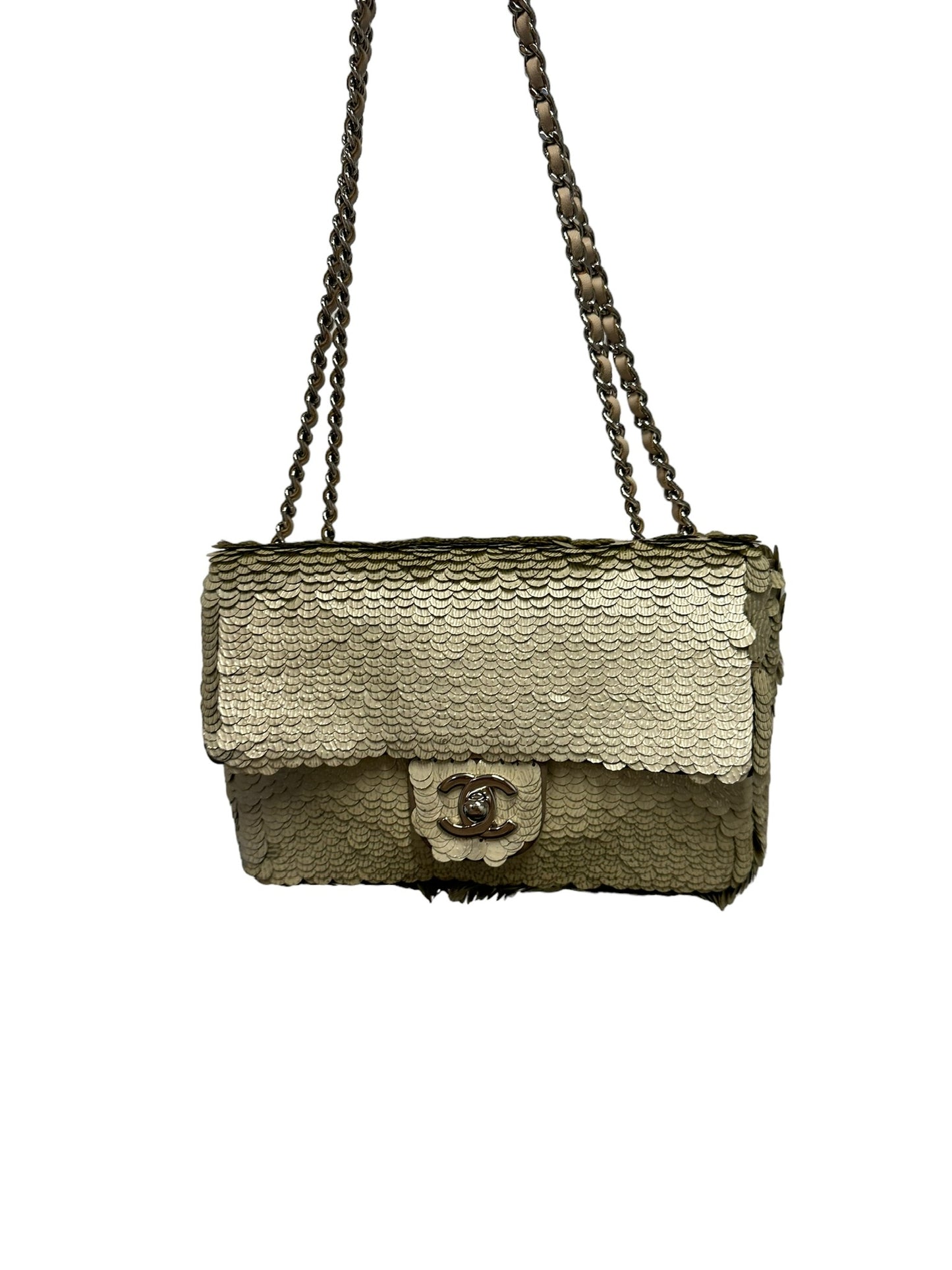 CHANEL - 12p Gold Sequin Satini Mini Rectangular Flap Bag