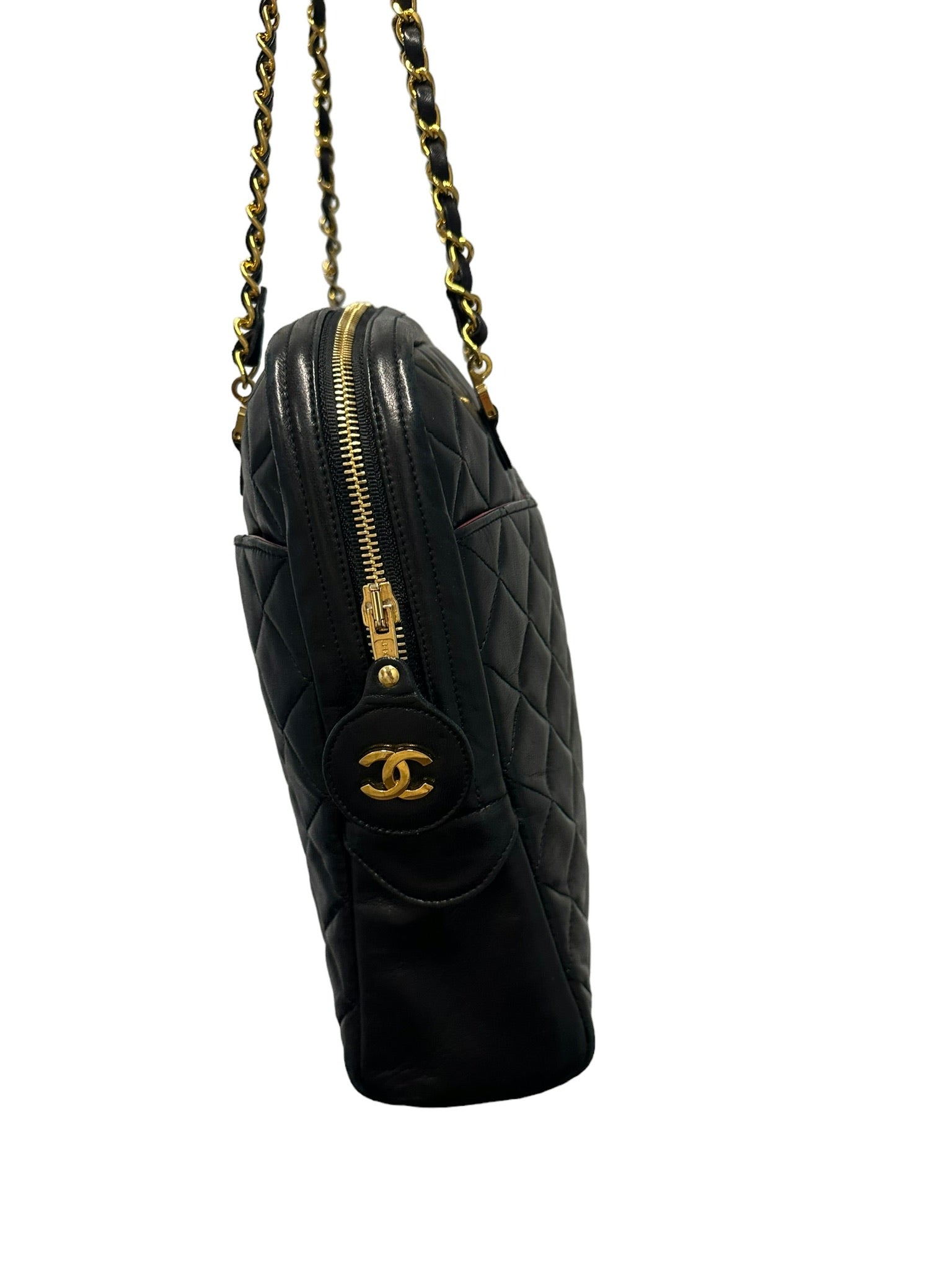 CHANEL - Cartera vintage de piel de cordero negra acolchada