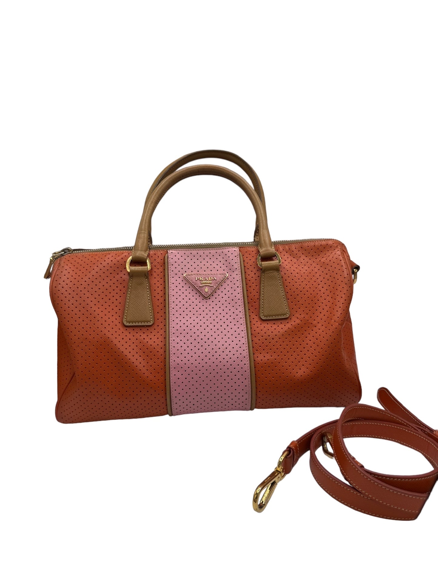 PRADA - Pink Orange Leather Shoulder Bag