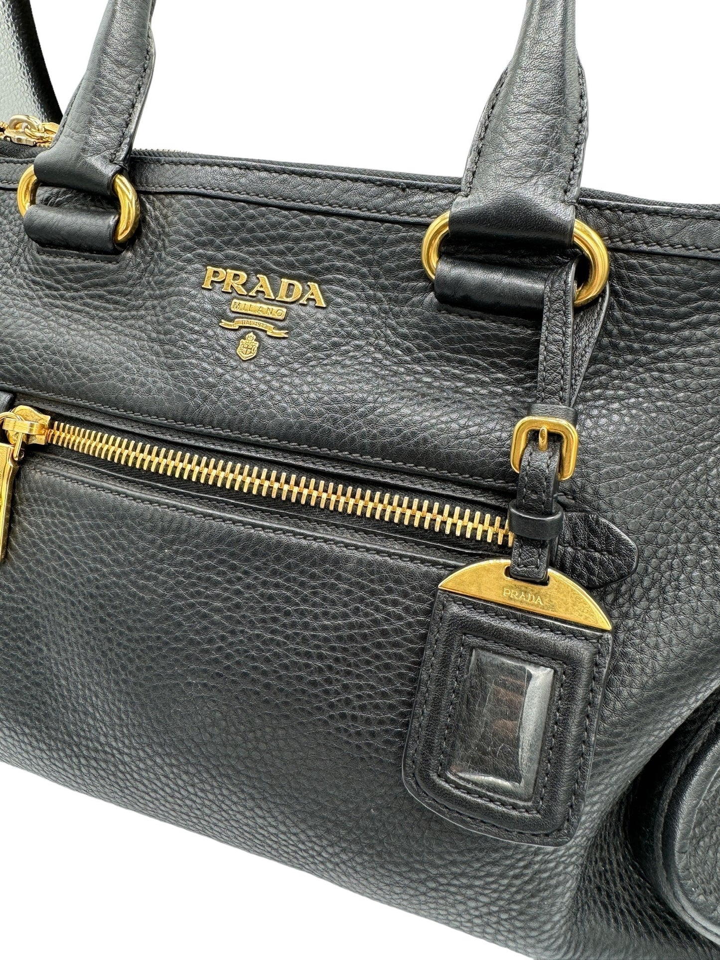 PRADA - Triangle Logo Black Vittello Dino Leather Handbag