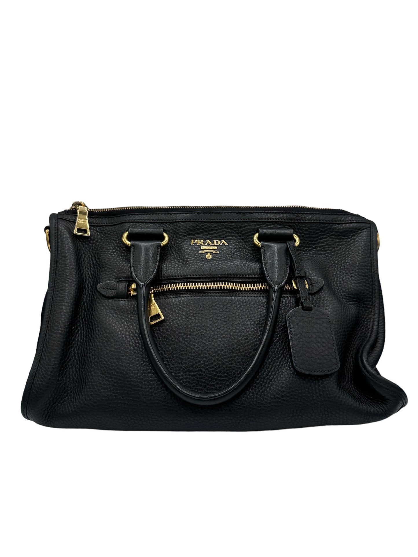 PRADA - Triangle Logo Black Vittello Dino Leather Handbag