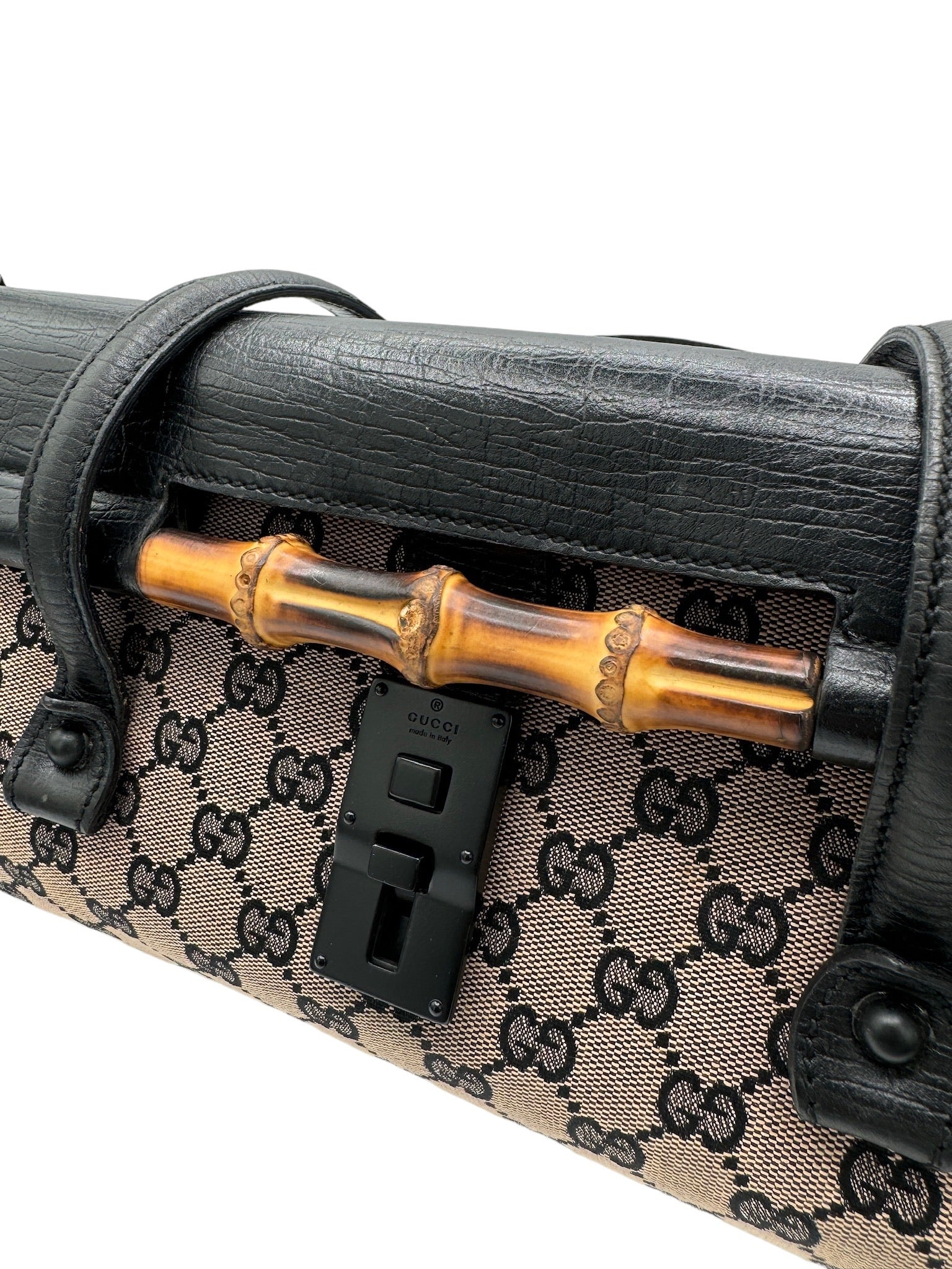 GUCCI - Bolso de mano de piel jacquard beige y negra GG/Bamboo