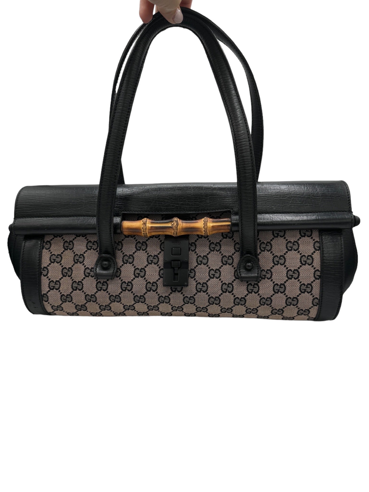GUCCI - Bolso de mano de piel jacquard beige y negra GG/Bamboo
