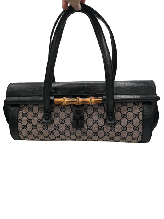 GUCCI - GG/Bamboo Beige Black Jacquard Leather Handbag