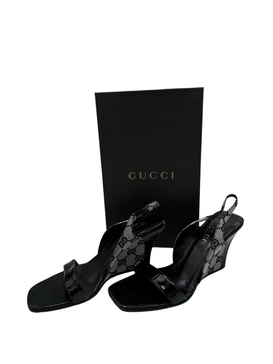 GUCCI - Black White Jacquard Patent Leather Sandals Size 36C