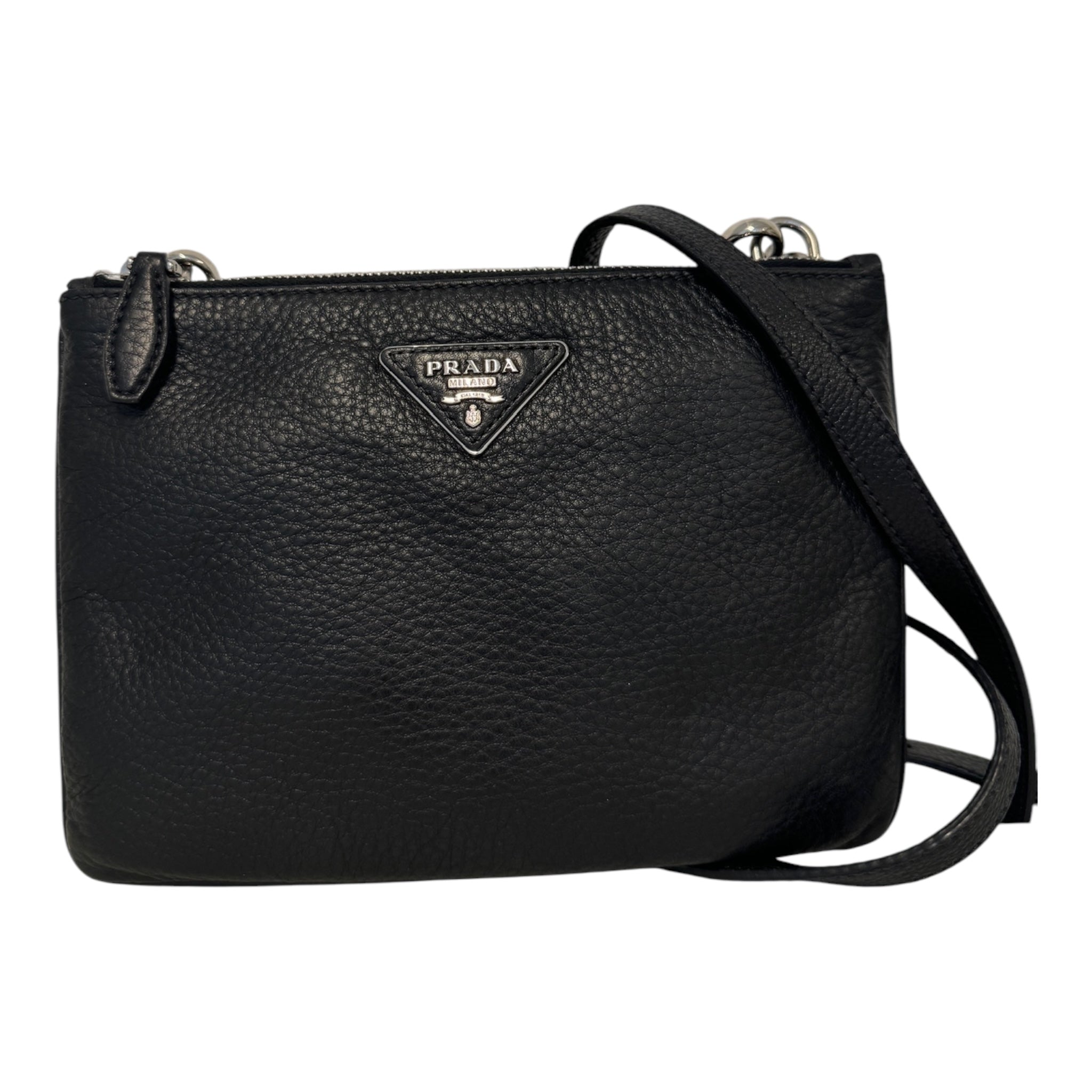 PRE-OWNED Black Vitello Daino Double Zip Logo Crossbody Bag