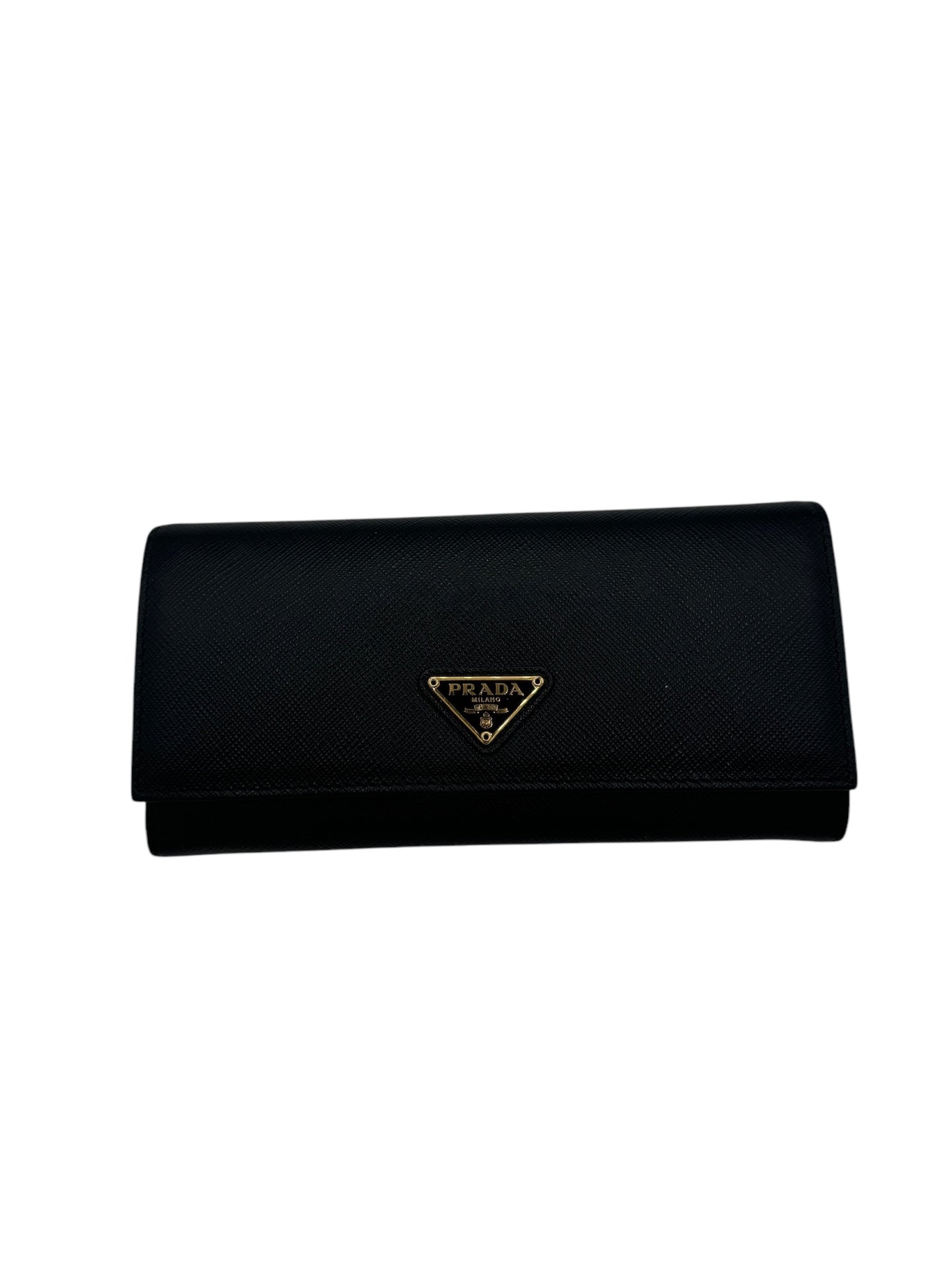 PRE-OWNED Black Saffiano Triangle Logo Continental Flap Travel Wallet