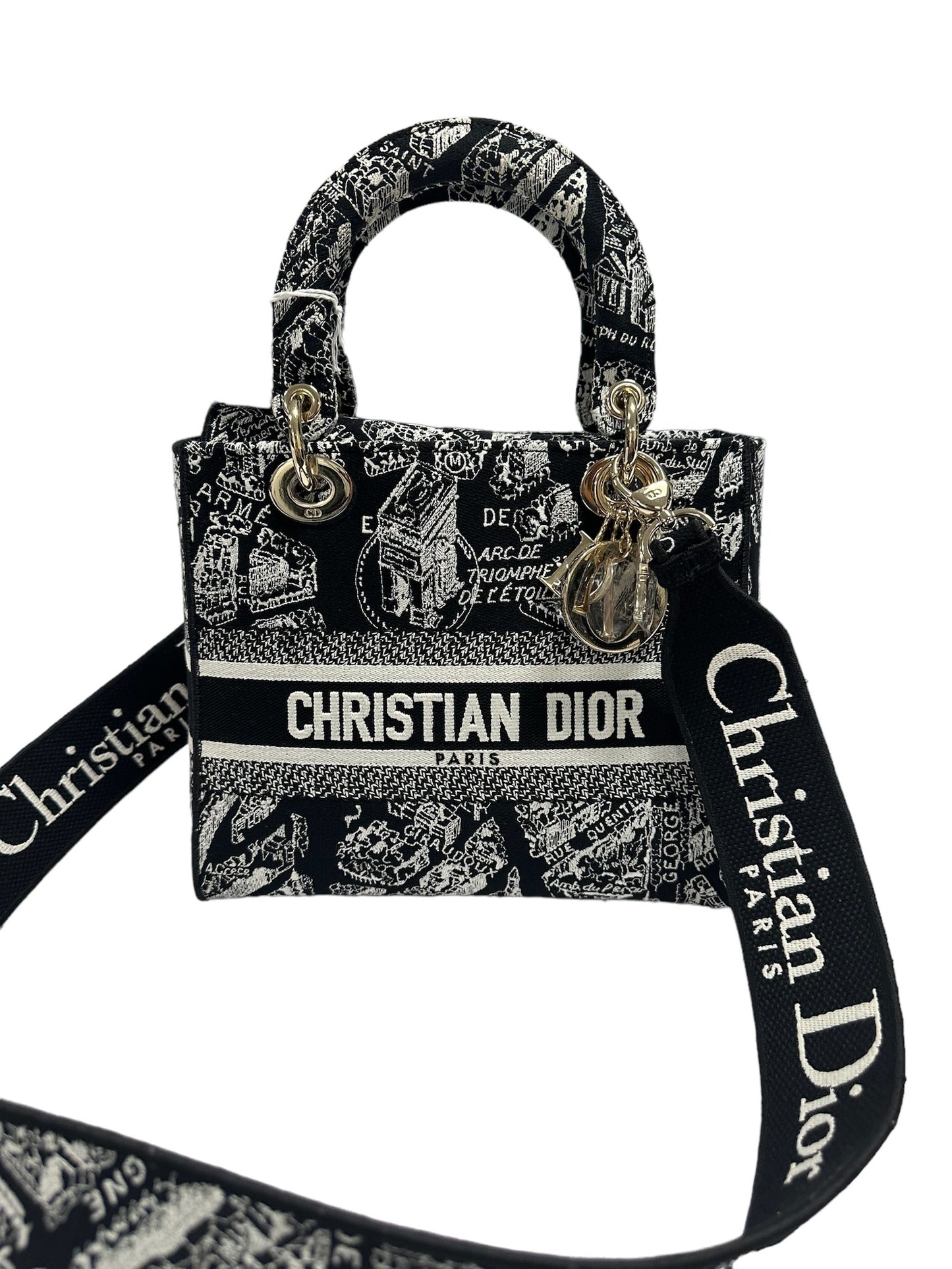 CHRISTIAN DIOR - Black White Canvas Embroidered Medium Plan De Paris Lady D Lite